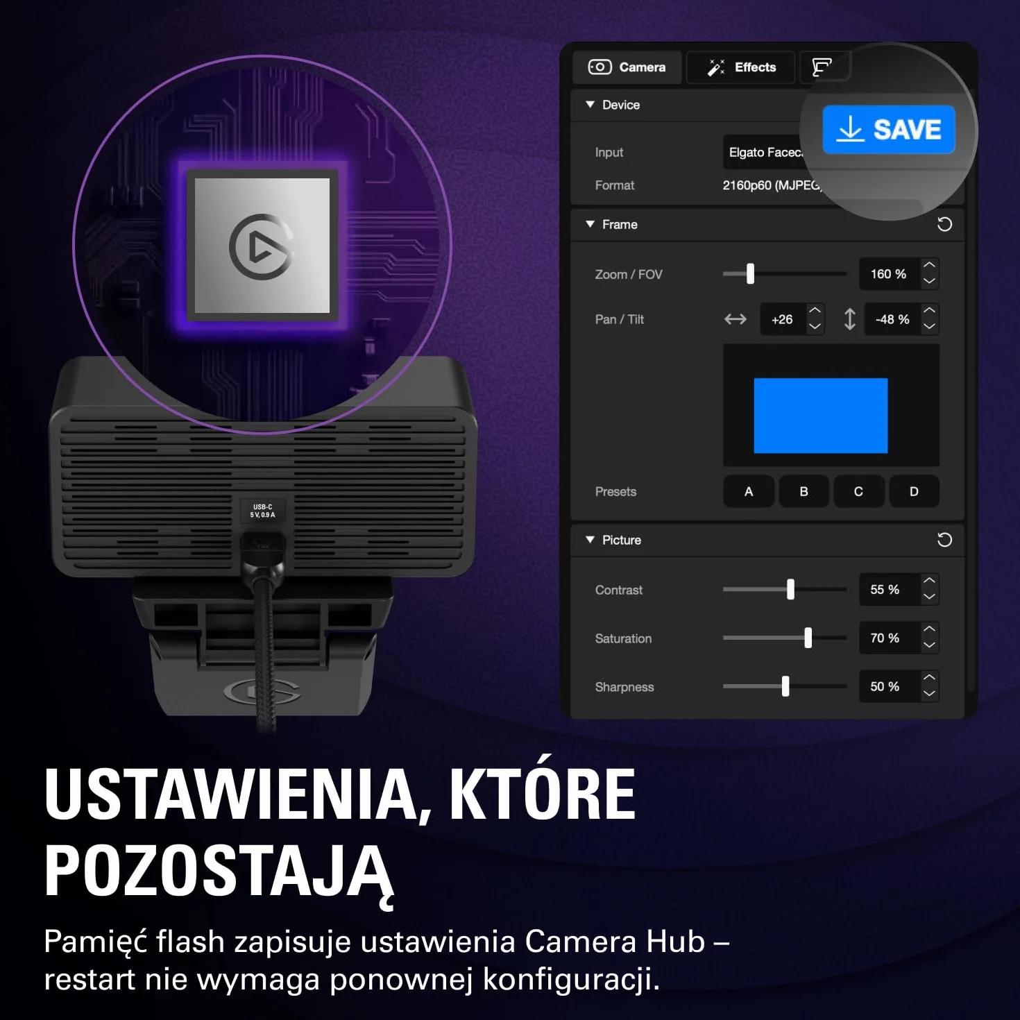 Elgato Facecam 4K - studyjna kamera internetowa 4K60, sterowanie jak DSLR, efekty filmowe, filtry obiektywowe 49 mm, HDR, nieskompresowany wideo, zoptymalizowany obszar ostrości | USB-C do PC i Mac