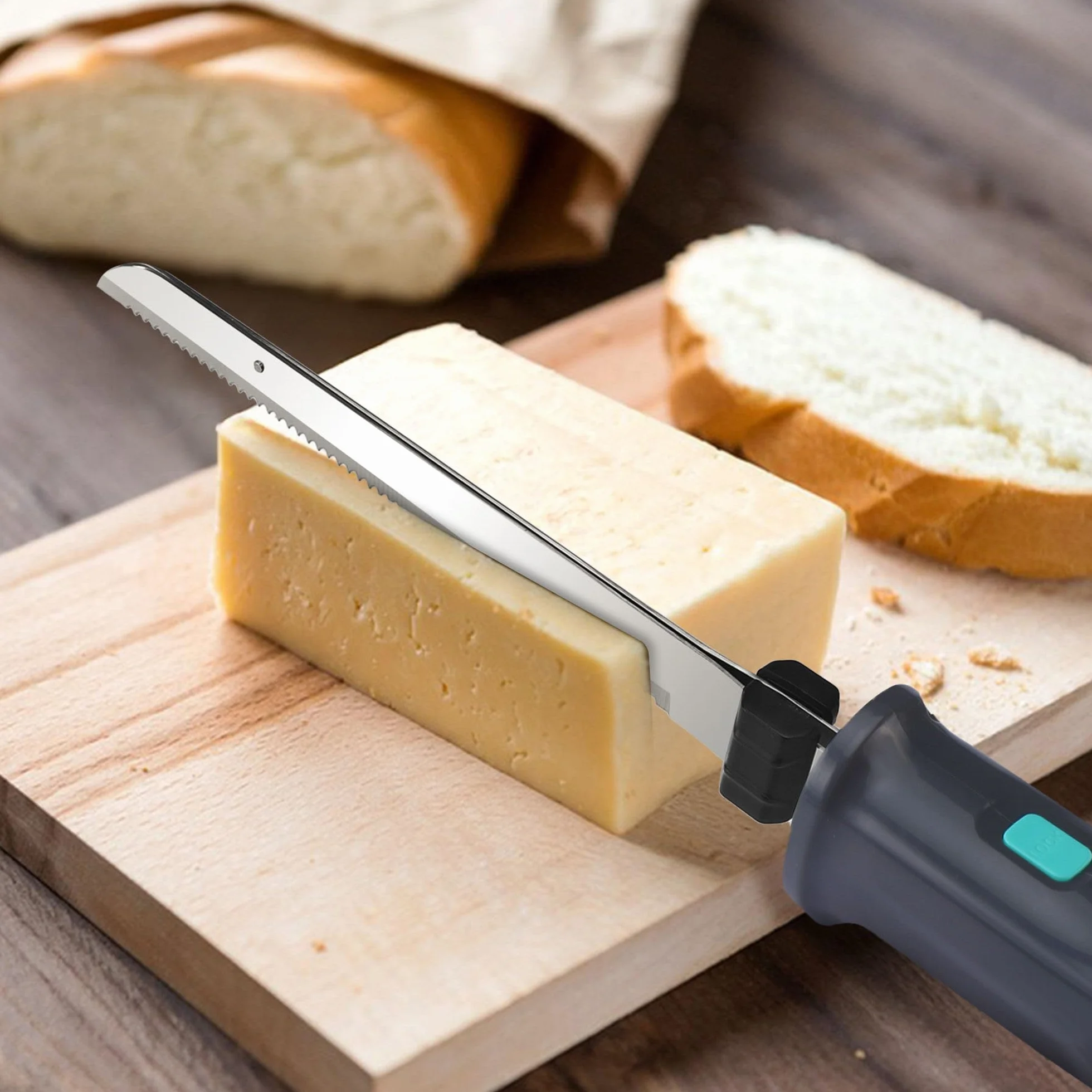 HAUSHOF Couteau à Pain Électrique sans Fil 8V, Lame de 178/203mm et Fourchette, Chargement de Type C, Indicateur d'Alimentation, Lavable au Lave-vaisselle, Couteau de Cuisine pour Viande, Pain, Gris