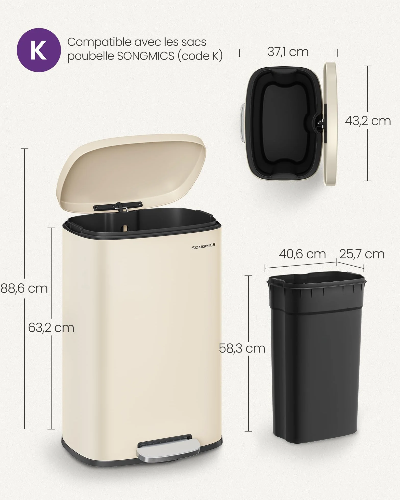 SONGMICS Poubelle Cuisine 50 L, Acier, Pédale, Fermeture en Douceur, Beige Sable