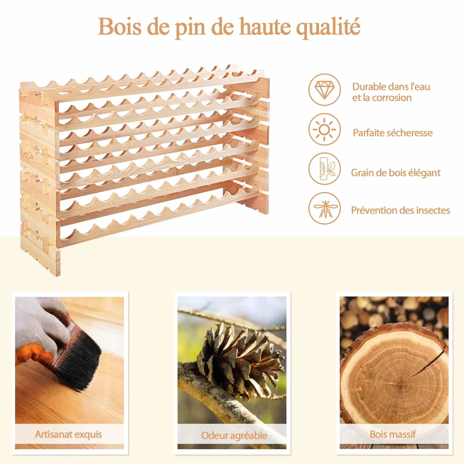 COSTWAY Casier à Bouteilles pour 72 Bouteilles, Étagère à Vin en Bois de Pin, Porte-Bouteilles à 6 Niveaux Modulable et Extensible, Range Bouteille Robustes pour Cave, Cuisine, Bars, Naturel