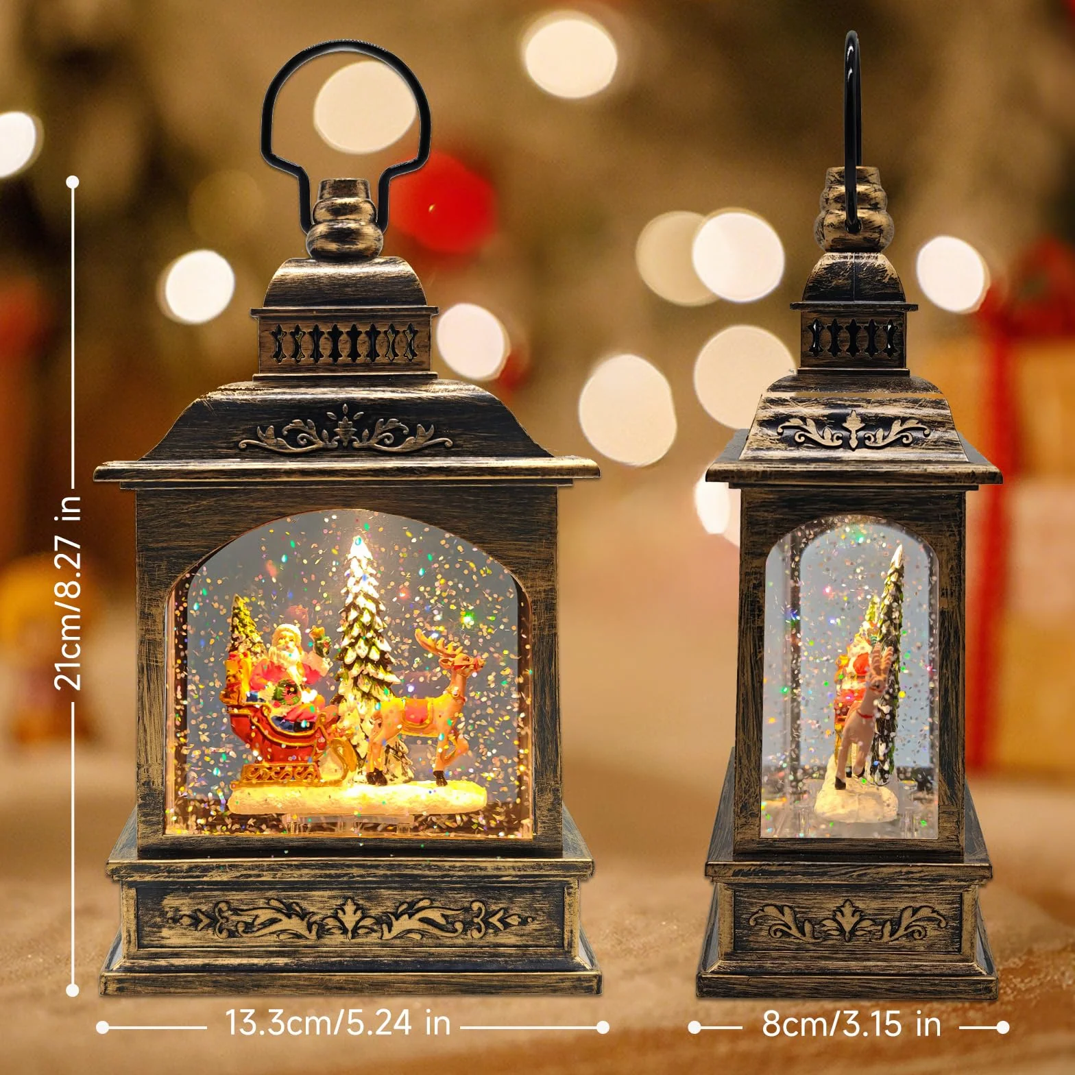 Christmas snow globe lantern with Santa Claus swirling glitter for festive decoration (Père Noël + élan + sapin de Noël)