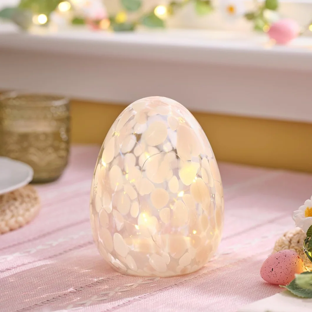 Œuf de Pâques Confetti en Verre LED Blanc Chaud avec Minuterie 6h Hauteur 16 cm Rose