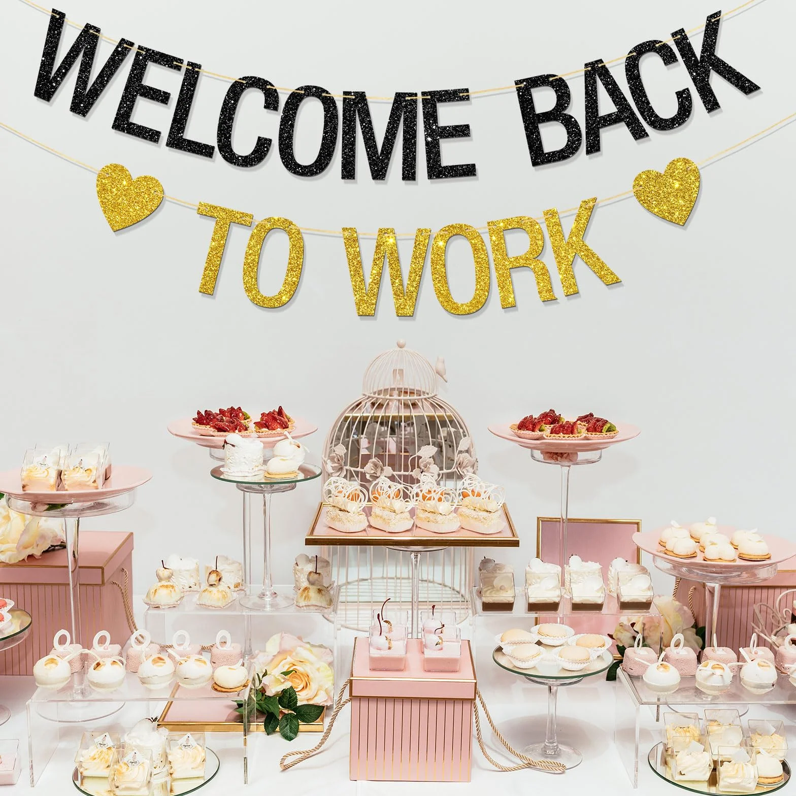 Bannière Welcome Back to Work – Décorations de fête d'anniversaire – Paillettes noires et dorées