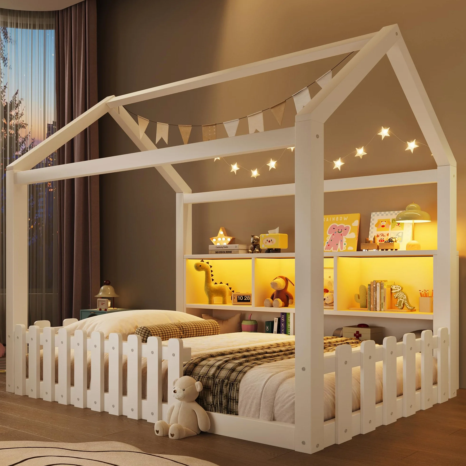 Sapgaks Lit Enfant avec éclairage LED,barrière de sécurité,Compartiments de Rangement Ouverts,lit cabane Enfants 90x 190 en pin,Cadre de lit 90 x 190 avec sommier à Lattes (Blanc 90x190)