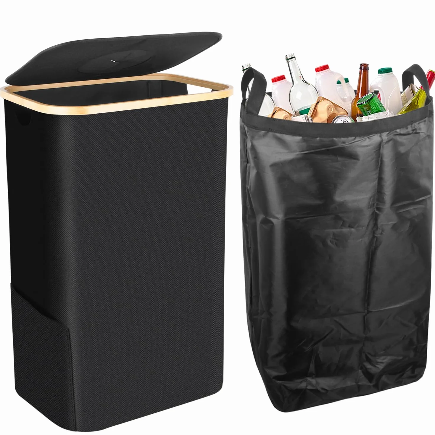 Poubelle tri selectif 100l avec couvercle et sac à main noir