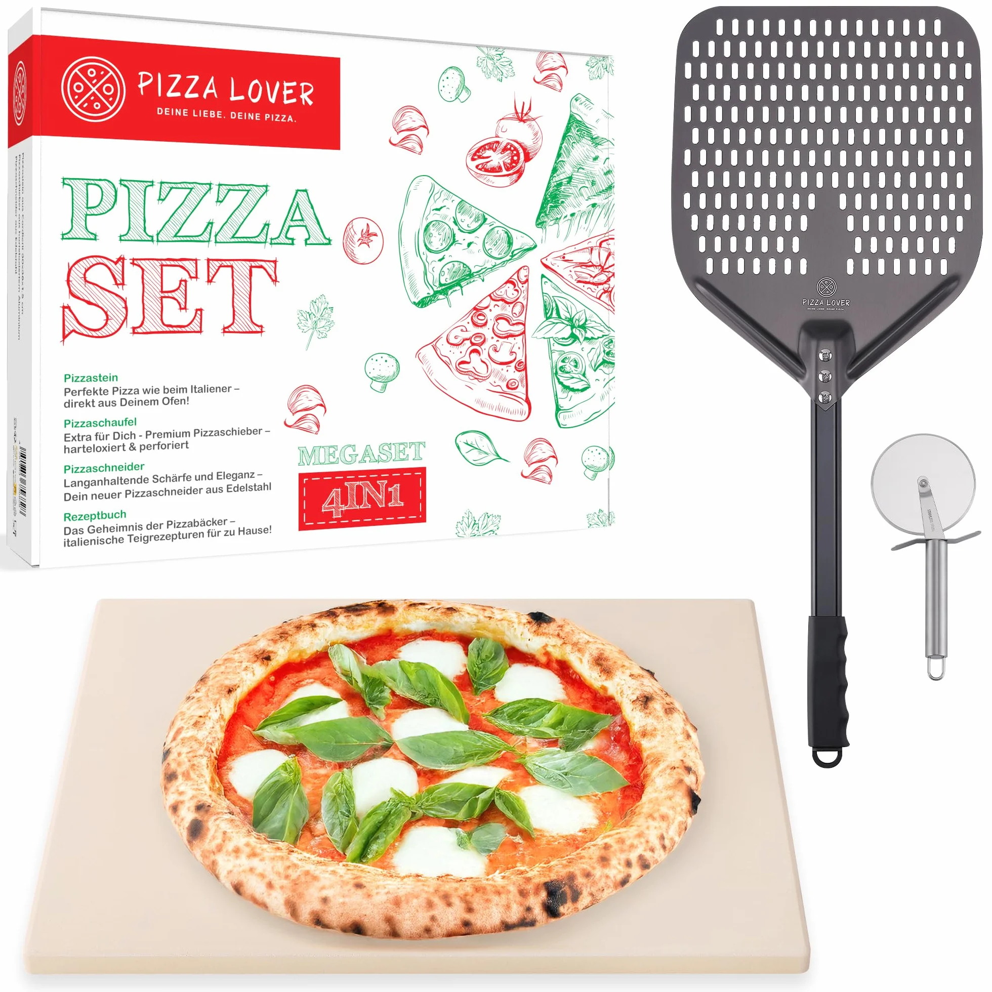 Pizza Lover Kit de pierres à pizza de qualité supérieure pour four et barbecue - 4 en 1 - Avec pelle à pizza perforée (anodisée dure) + pierre à pizza jusqu'à 800 °C en cordiérite + roulette à pizza