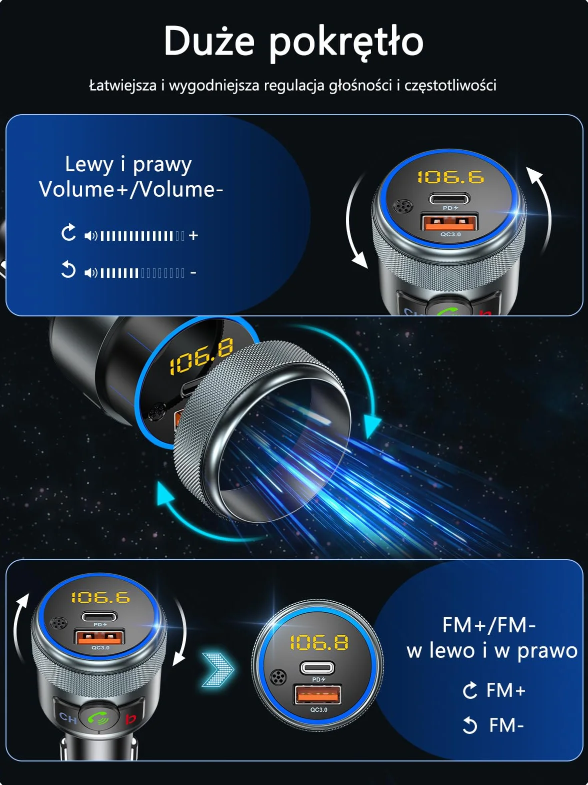 LENCENT 5.1 Samochodu Nadajnik FM Bluetooth, Bezprzewodowy Adapter Radiowy z PD3.0 USB-A i QC3.0USB-C ładowarka Fast USB, Zestaw Głośnomówiący, Odtwarzacz Stereo MP3, Hi-Fi, Kolorowe Podświetlenie LED