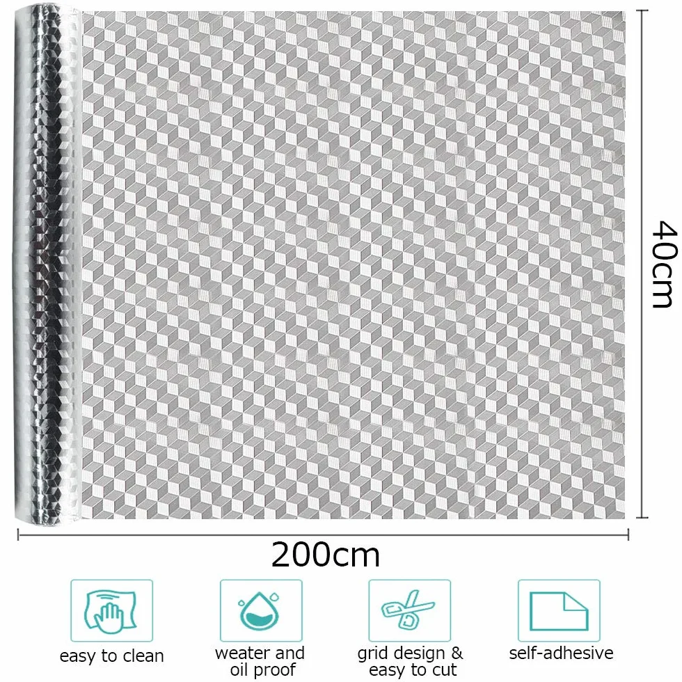 Feuille Aluminium Autocollante 40cm x 2M Rouleaux Anti-moisissure Etanche Anti-Huile Cuisine Argent