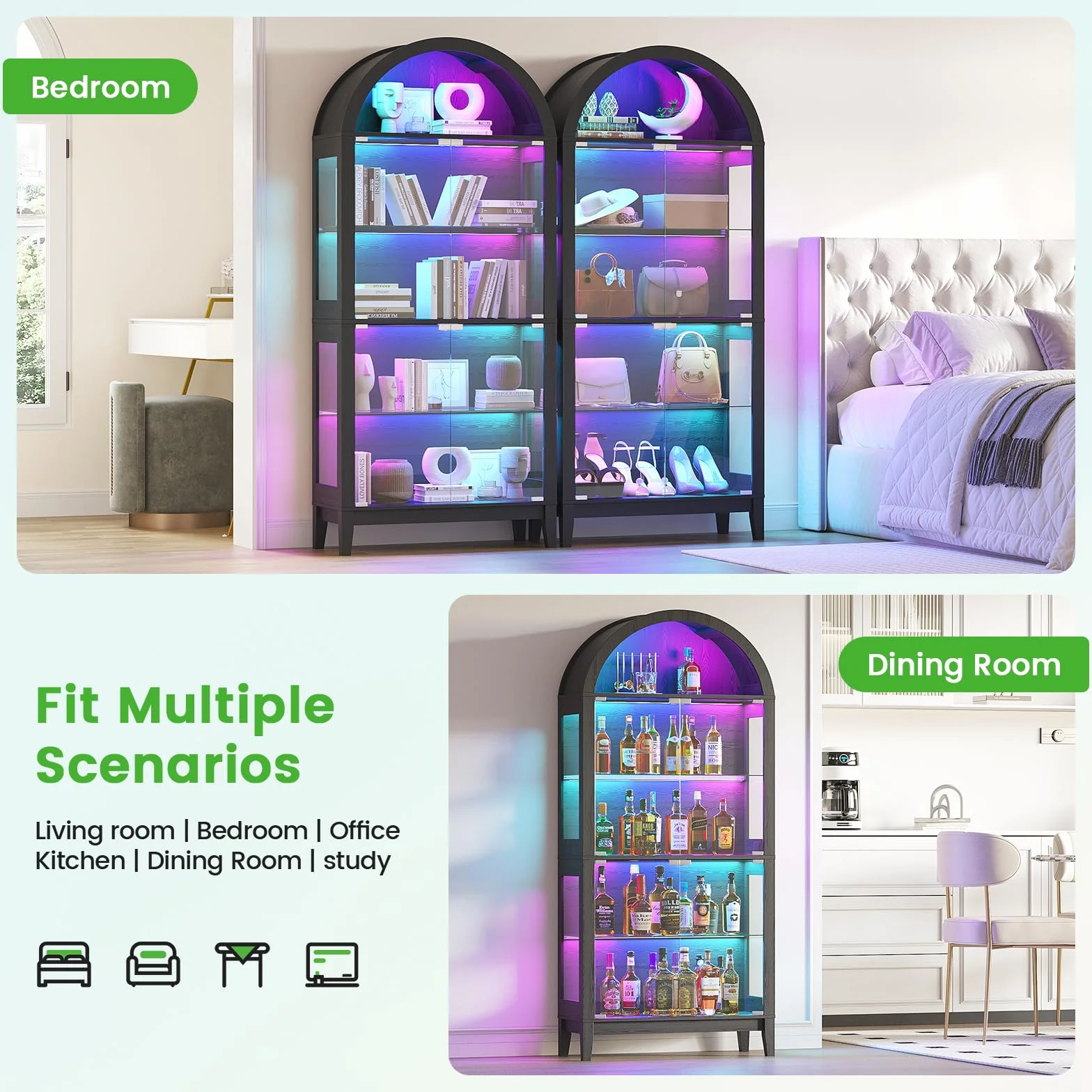 Gurexl 175 CM RGB Vitrine en Verre avec Capteur Humain,Vitrine Cintrée avec Éclairage Dynamique,Vitrine sur Pied avec Cloison vitrée Réglable pour Salon,Chambre,Figurines,Maquettes,Trophées,Noir