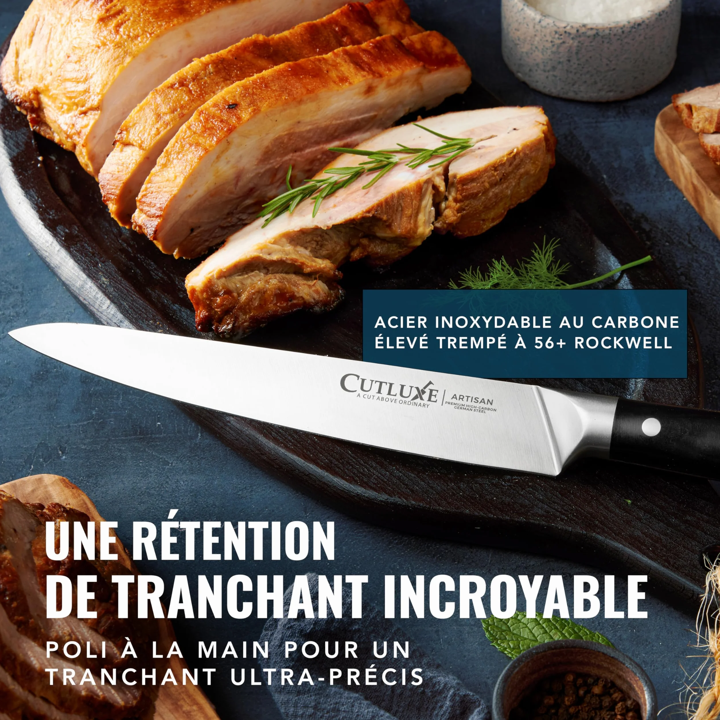 Cutluxe Ensemble de couteaux à découper pour la dinde - Couteau et fourchette pour viande, brisket, BBQ - Lame en acier allemand affûtée - Soie complète, poignée ergonomique - Série Artisan