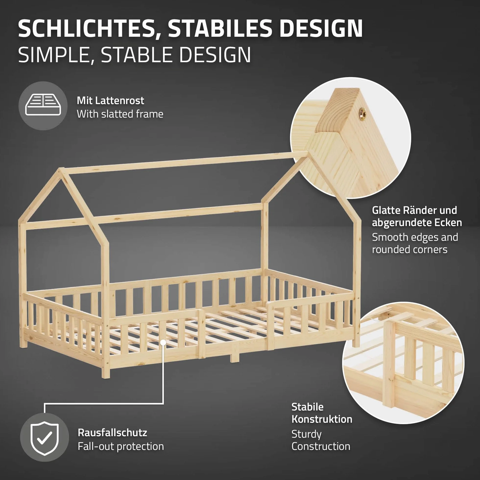ML-Design Lit Cabane Enfant 120x200 cm Naturel (Beige) en Bois avec Protection Étendue Anti-Chute, Toit et Sommier à Lattes, Style Maison, Couchage Maisonnette Lit Double pour Adolescent Fille Garçon
