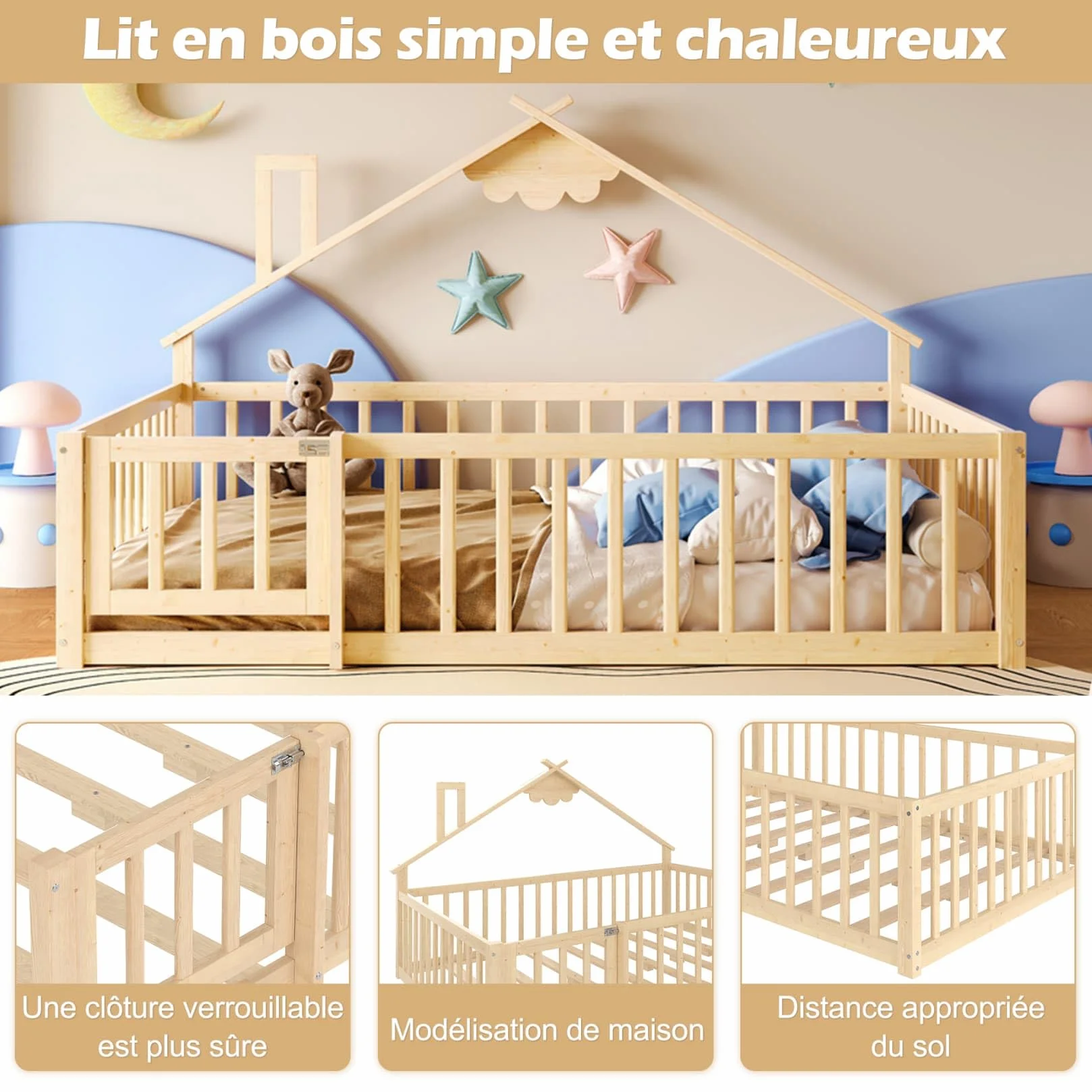 PUGSDRLY Lit Cabane Enfant 140x190cm avec Barriere et Serrure,Lit Montessori au Sol avec Sommier à Lattes,Cadre en Bois de Pin pour Enfant,sans Matelas (Naturel, 140x190)