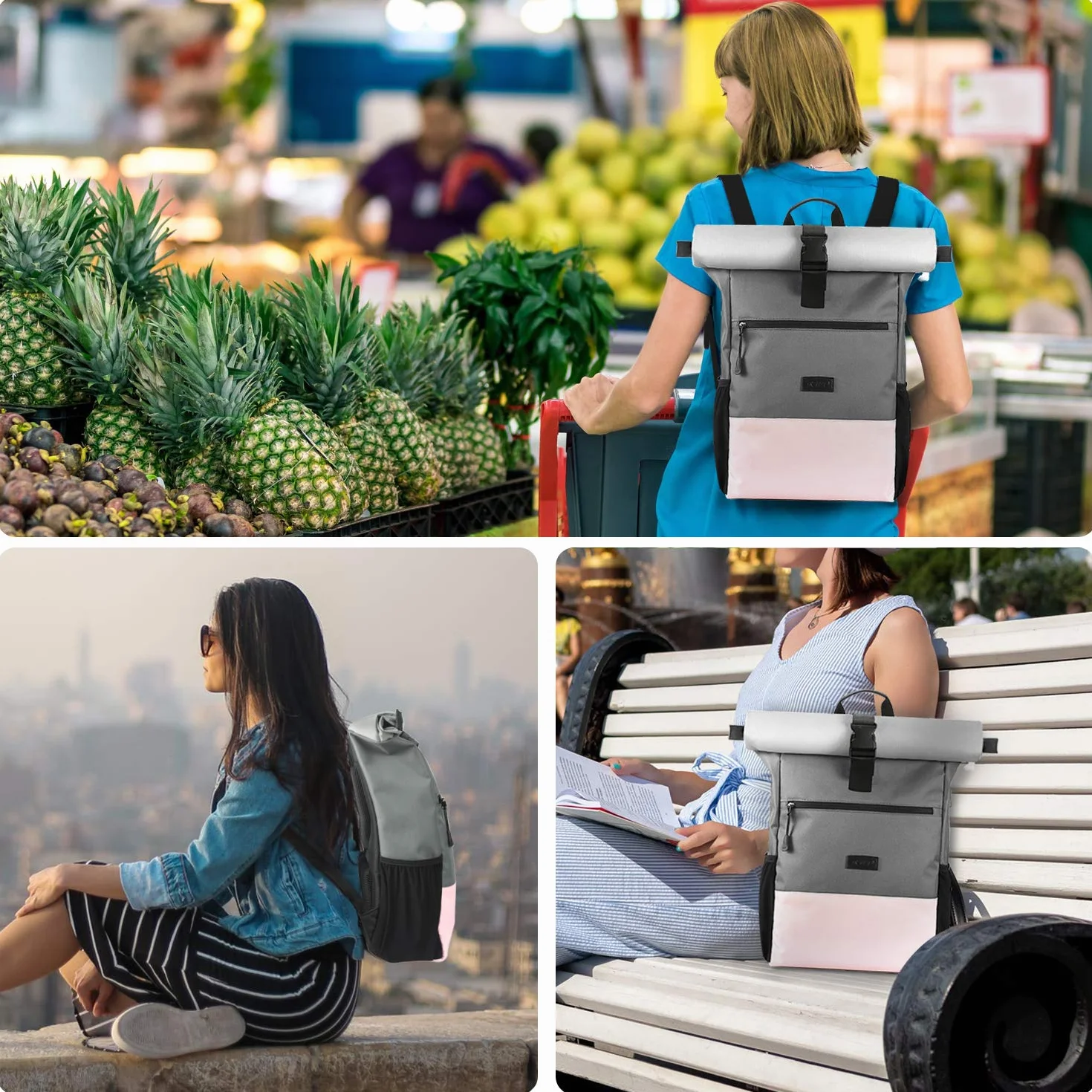 Plecak Rolltop Women, plecak na laptopa do laptopa 17,3 cala, plecak szkolny dla nastolatki z portem ładowania USB do pracy, uniwersytetu, szkoły, podróży, plecak sportowy (różowy szary-26L)