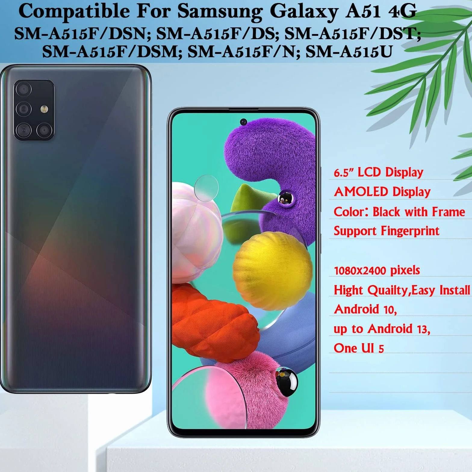 6,5" czarny ekran AMOLED z ramką do Samsung Galaxy A51 4G SM-A515F Pełny ekran dotykowy LCD Wymiana wyświetlacza z folią ochronną na ekran i narzędziami (obsługa odcisku palca)