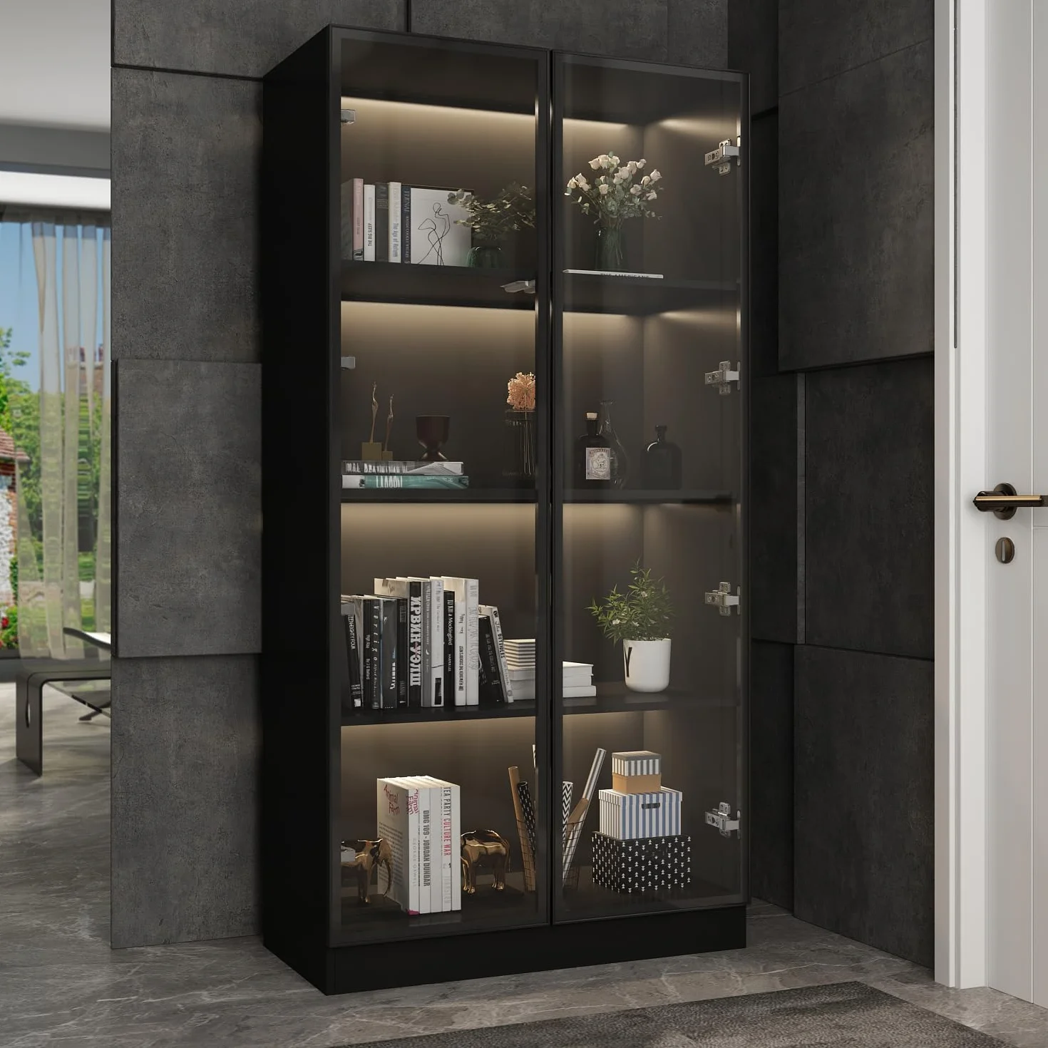 Vitrine en Verre avec éclairage,Meuble de Rangement avec Etagères,Armoire Multifonction en Verre Debout avec étagères à 4 Niveau, Armoire de Salon,40 x 160 x 80 cm,Noir