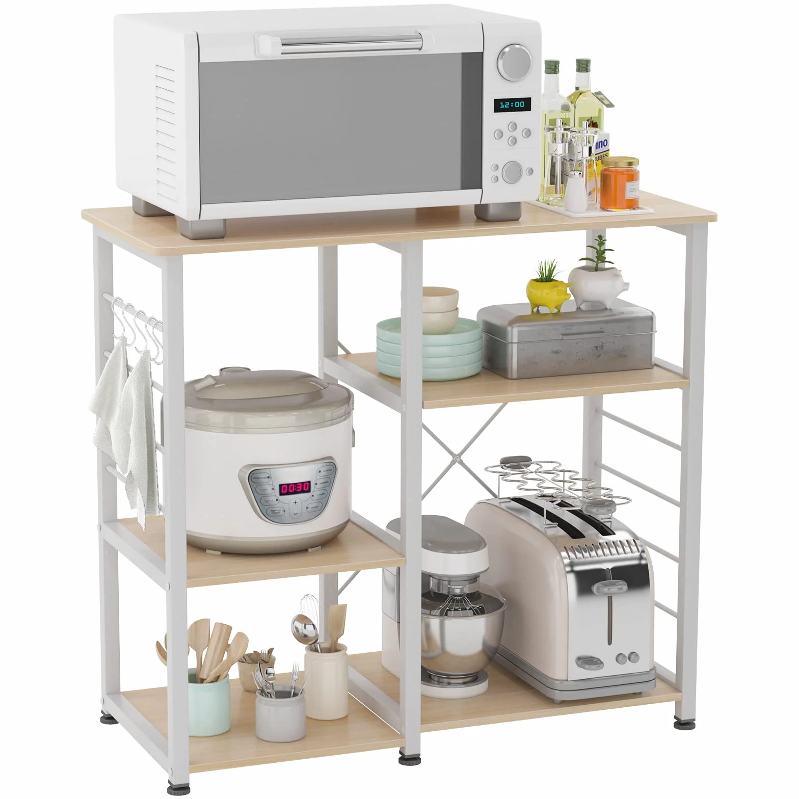 SogesHome Meuble de Rangement Étagère Cuisine Étagère de Boulangerie Support pour Four à Micro-Ondes avec Petits Crochets pour Cuisine, 90 x 40 x 83 cm