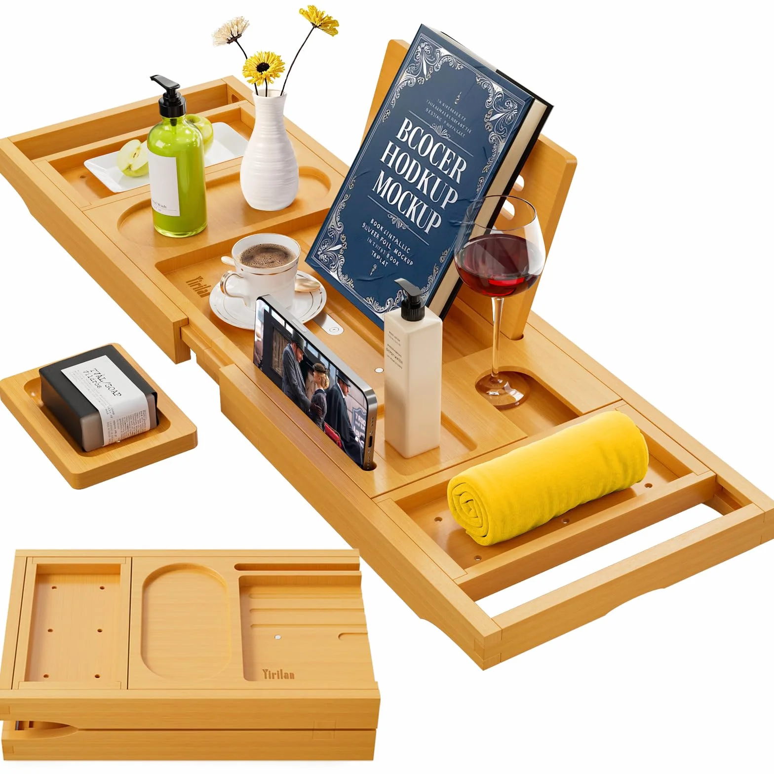 Plateau de baignoire en bambou pliable 100 cm réglable avec serre-livres porte-savon