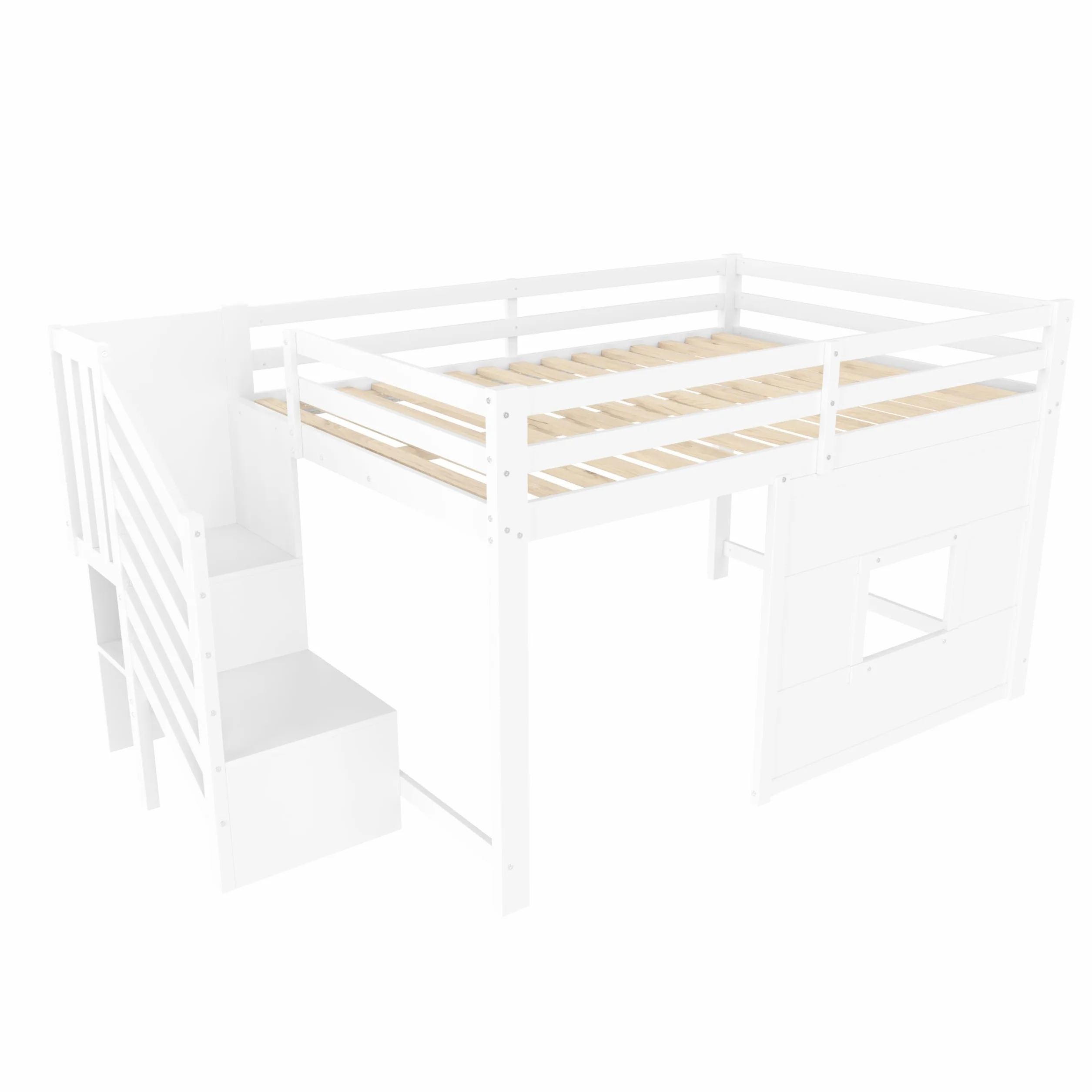 Lit Mezzanine 140x200 cm avec Escalier De Rangement et Fenêtre, Blanc – Lit Superposé Enfant 1 Place, Structure Robust en Pin Massif, Sécurité Garantie, pour Garçon et Fille