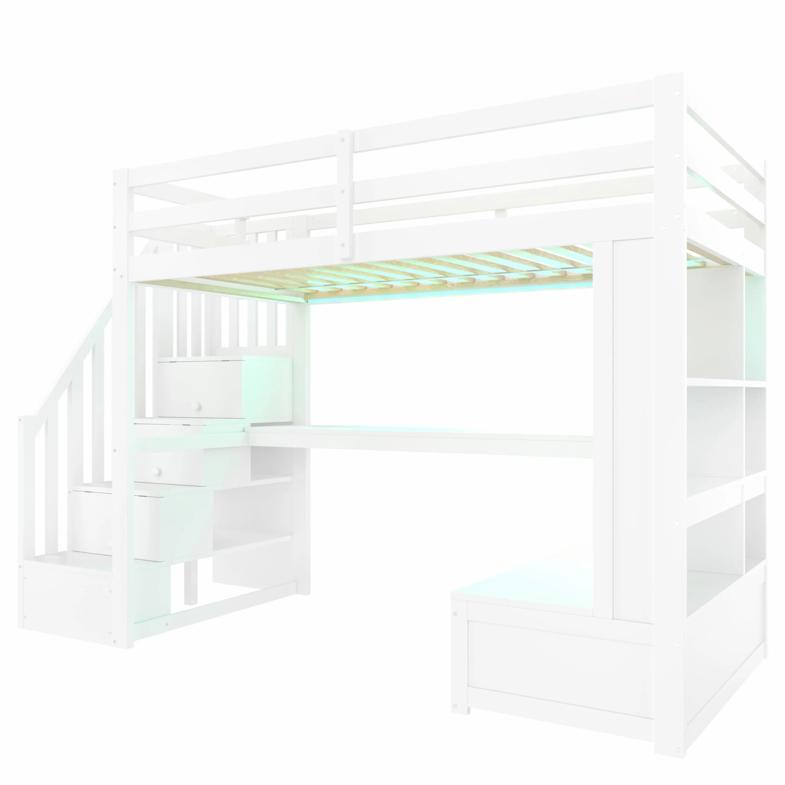 Sapgaks Lit Superposé Enfant 90x200 avec Bureau et étagères, Lit Cabane Enfants 90x200 avec Escalier de Rangement et 2 Tiroirs Intégrés, Lit Mezzanine 1 Place avec Barriere en Bois, Blanc