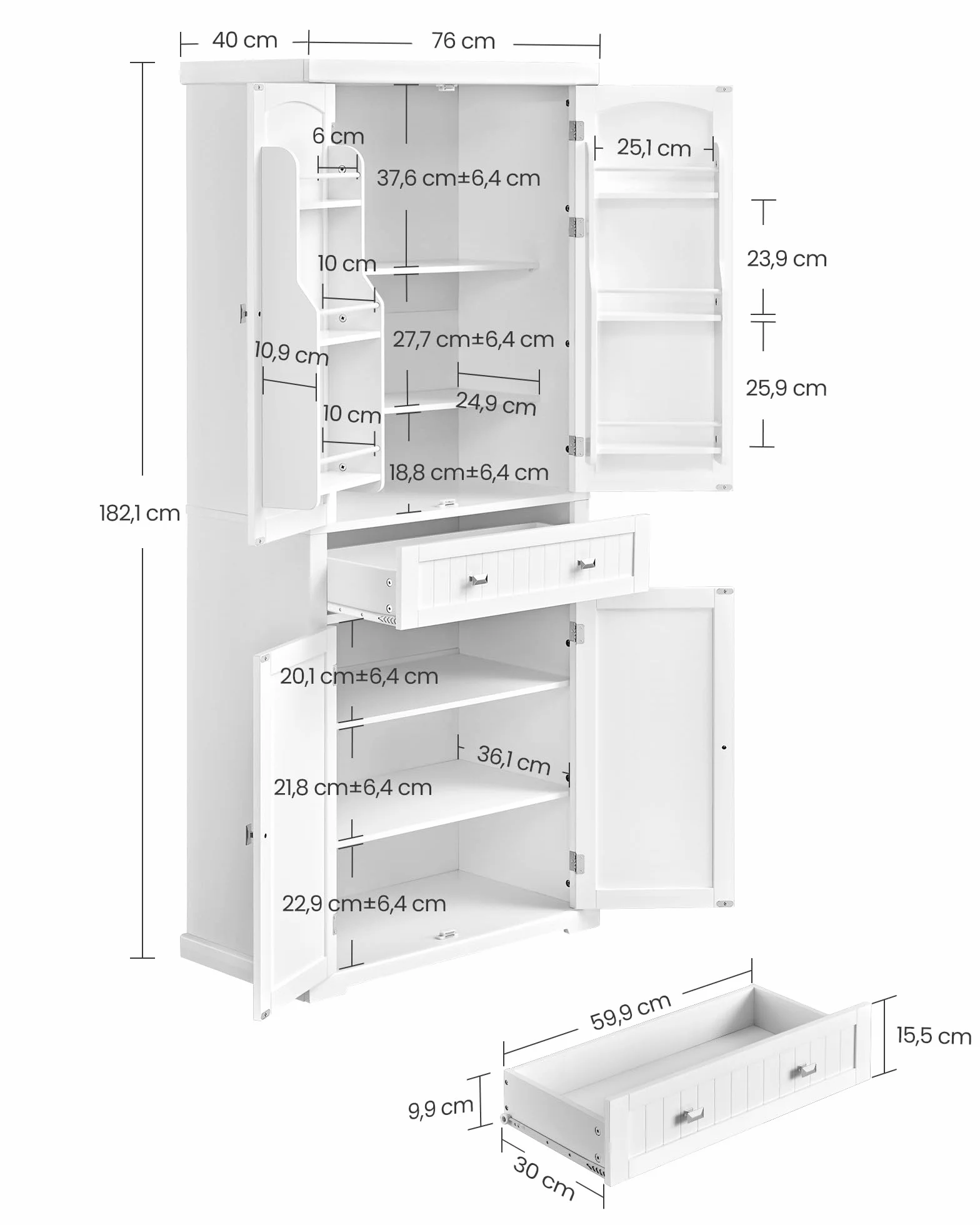 VASAGLE Buffet Haut Cuisine, Meuble de Rangement, Armoire, Vaisselier, Hauteur 182,1 cm, avec Tiroir, Placards, Étagères Réglables, pour Salon, Cuisine, Blanc BBC561W21
