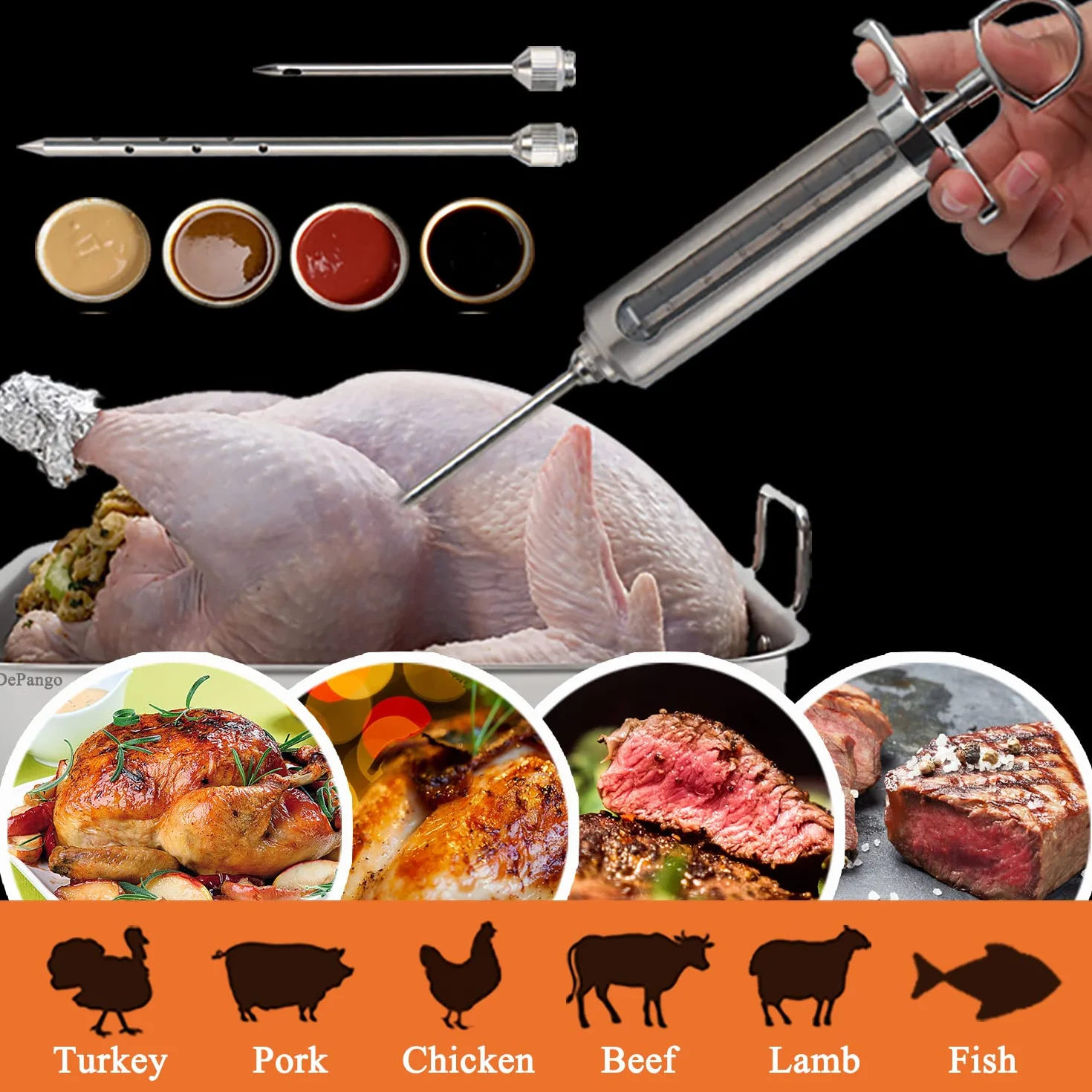 DePango Seringue Alimentaire Injecteur de Marinade 60ml Inox 3 Aiguilles à Viande pour BBQ Steak Poulet