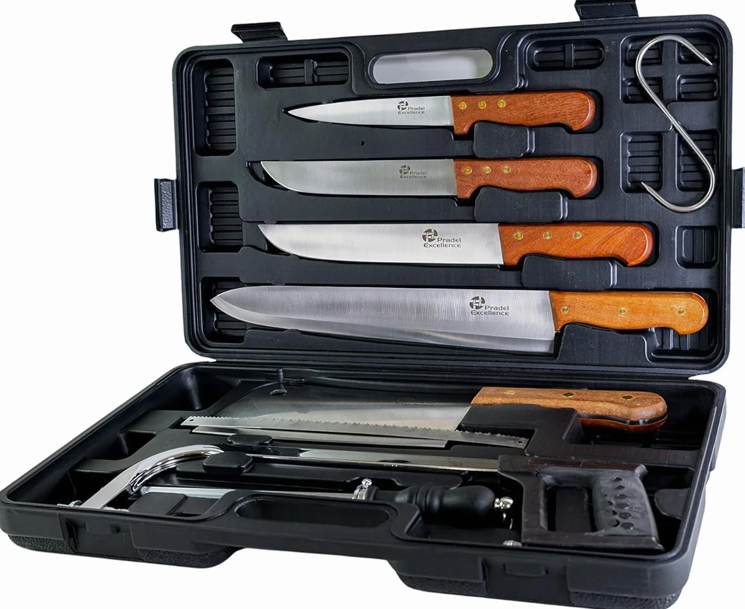 Pradel Excellence - PCOT001008 - Mallette Couteaux de Chasse 8 Pièces - 4 Couteaux + 1 Couperet + 1 Scie + 1 Crochet + 1 Fusil d’Affûtage - Lames Inox - Manches Rivetés en Bois de Rose