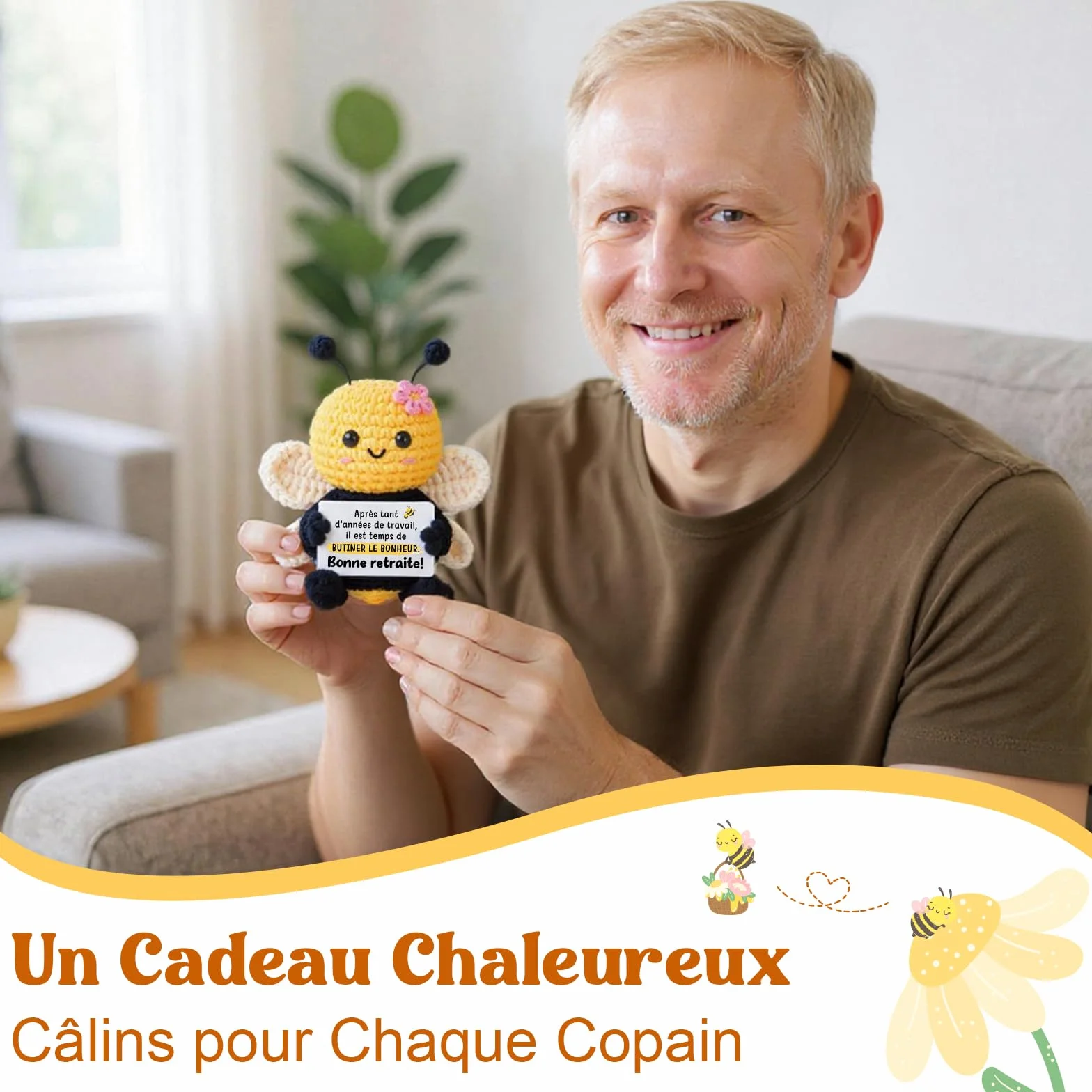 Gleevara Cadeau Retraite Femme Homme, Abeille Mignonne au Crochet Faite Main - Décoration Bureau Maison