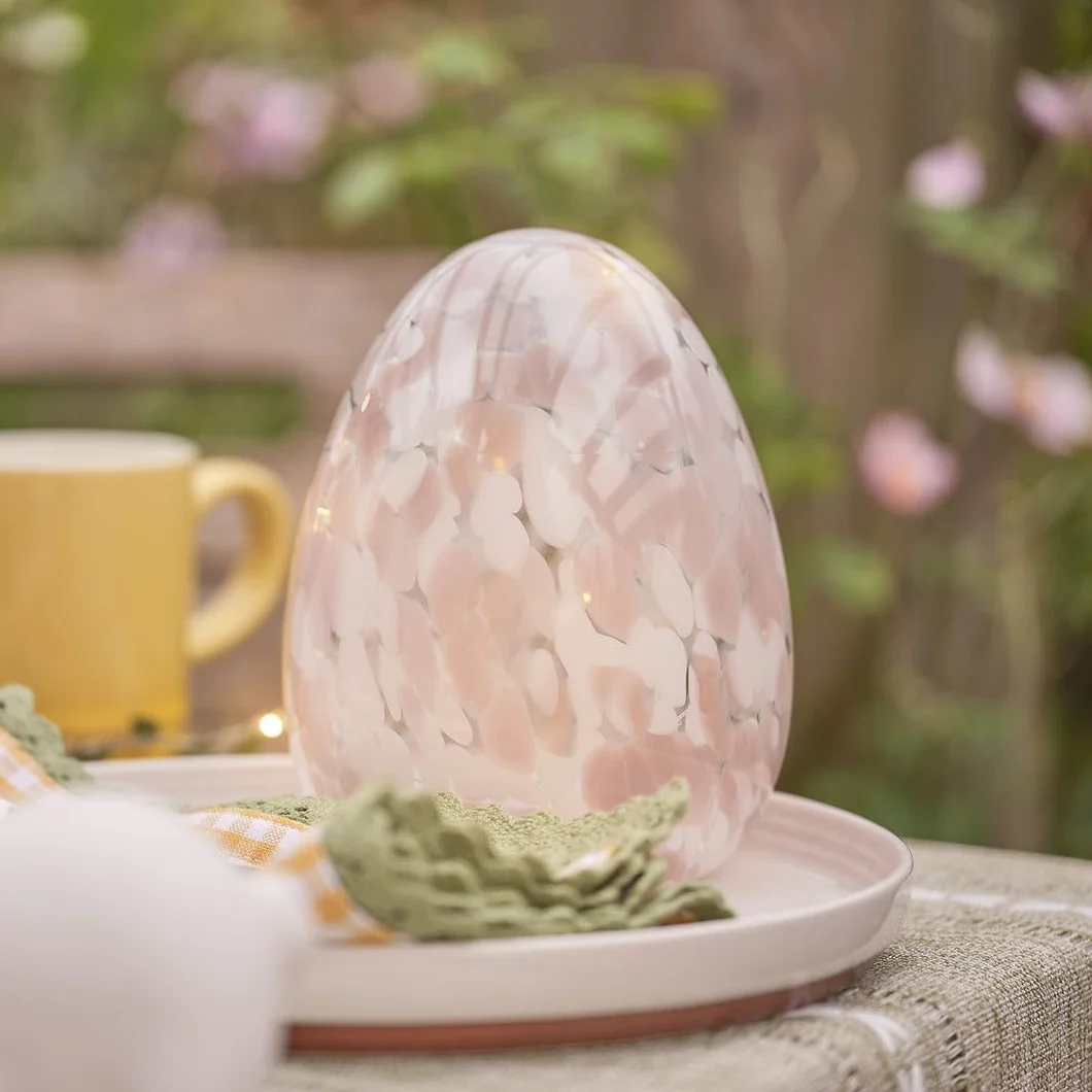 Œuf de Pâques Confetti en Verre LED Blanc Chaud avec Minuterie 6h Hauteur 16 cm Rose