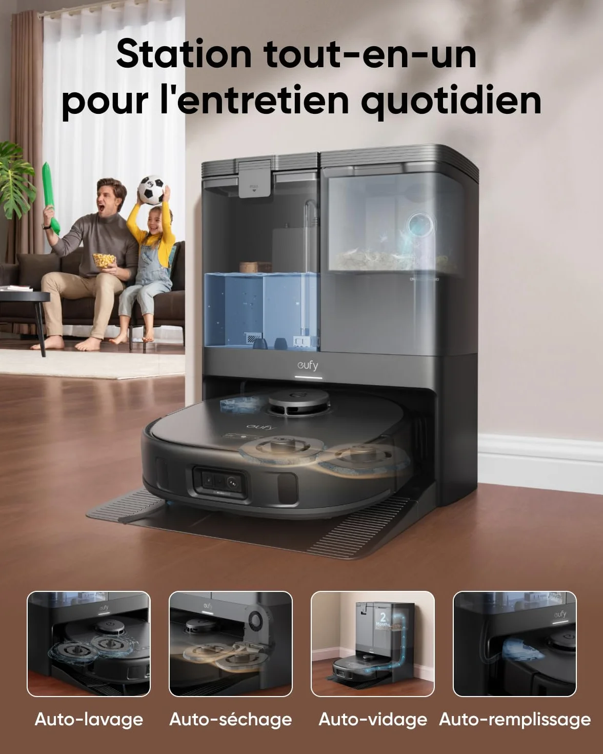 eufy X10 Pro Omni Robot Aspirateur et Serpillère 8000Pa Autovidage Remplissage Levage Voiture Évitement Obstacles Reconditionné