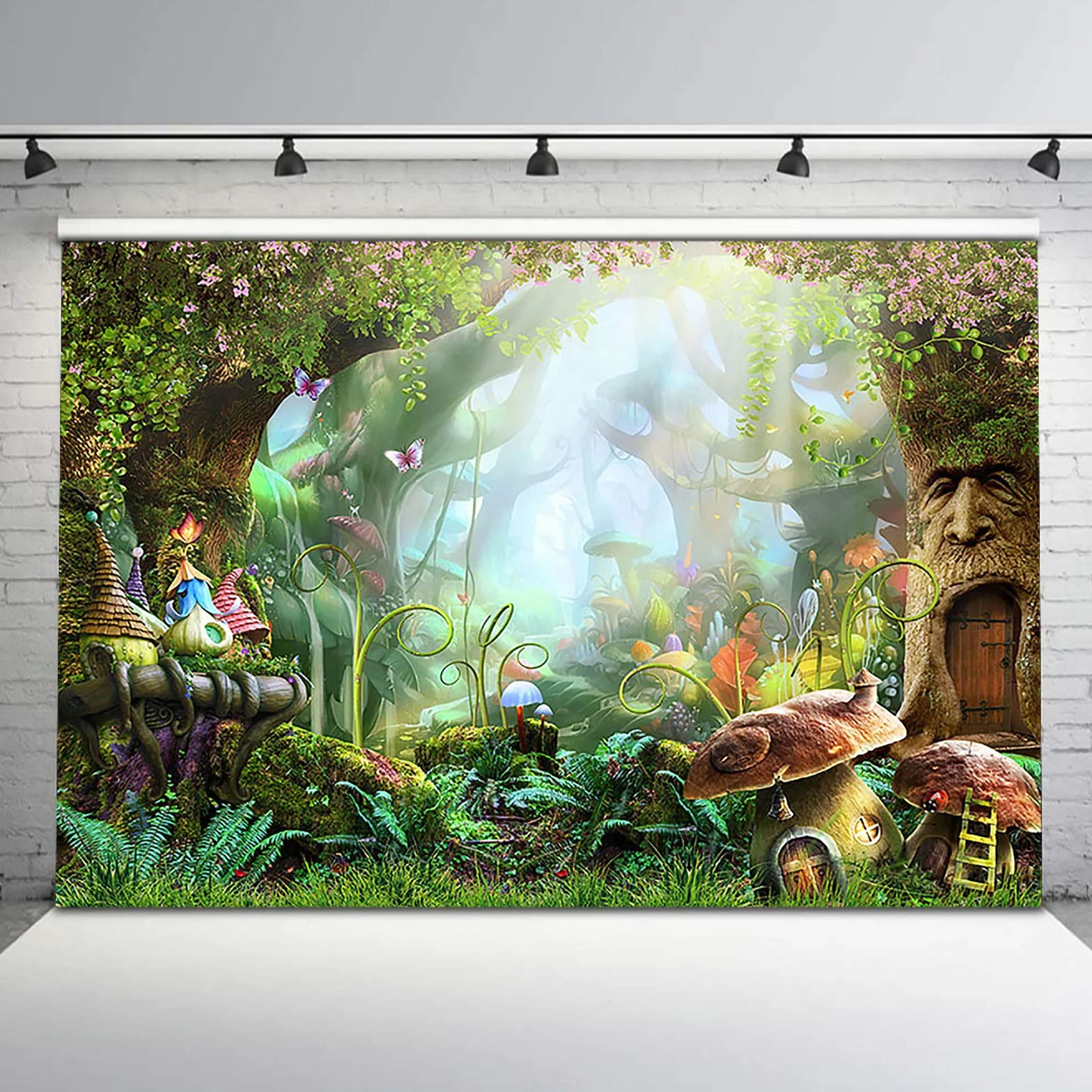 Conte de Fées Forêt Toile de Fond Champignon enchanté Papillon Fantaisie Pays des Merveilles Printemps Fleur Fond pour Enfants bébé fête d'anniversaire