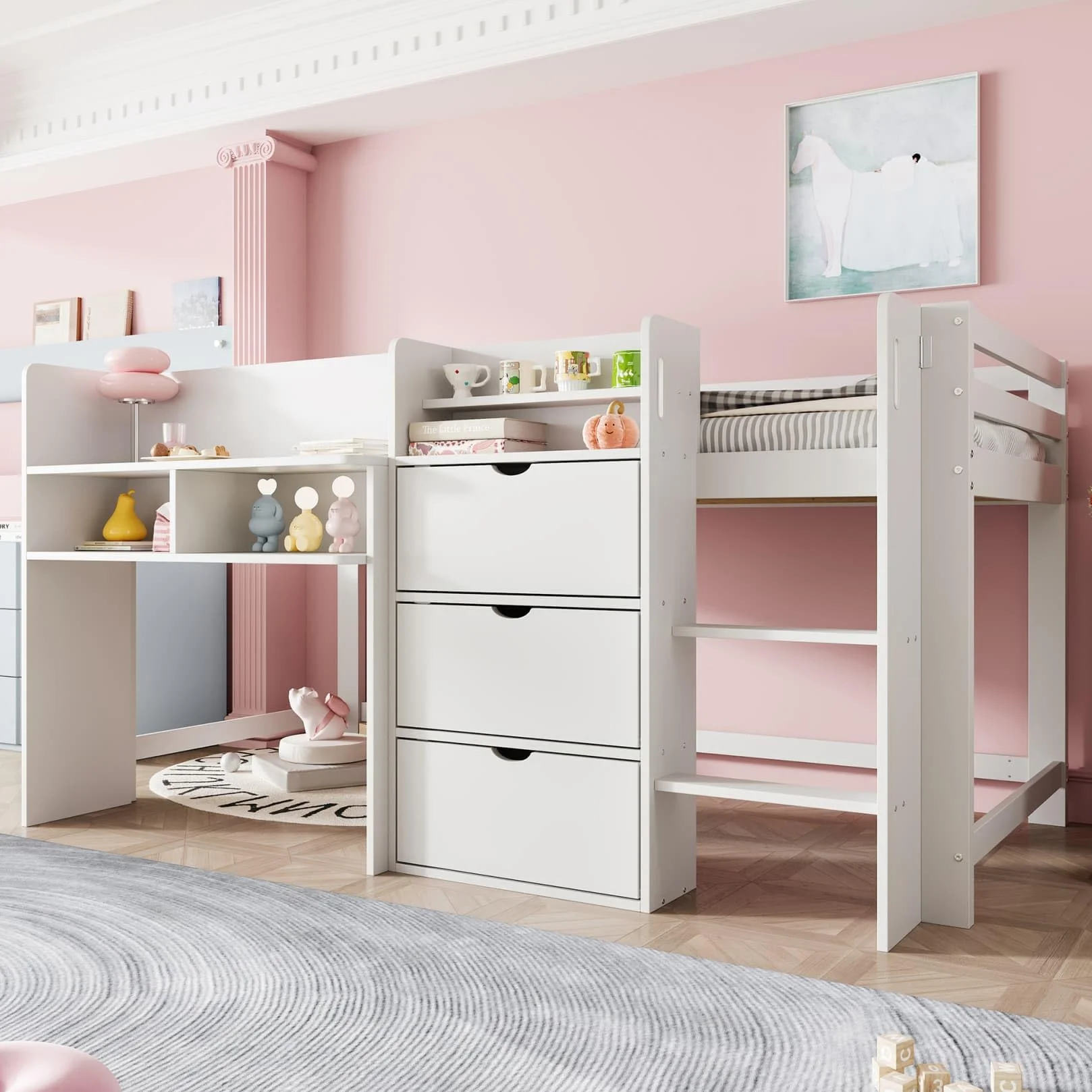 Lit Enfants Mi Hauteur 90x200,Lit Mezzanine 1 Place avec 3 Armoires,étagères Ouvertes,Haute Barrière,Sommier à Lattes Robuste,pour Enfants (A-Blanc)