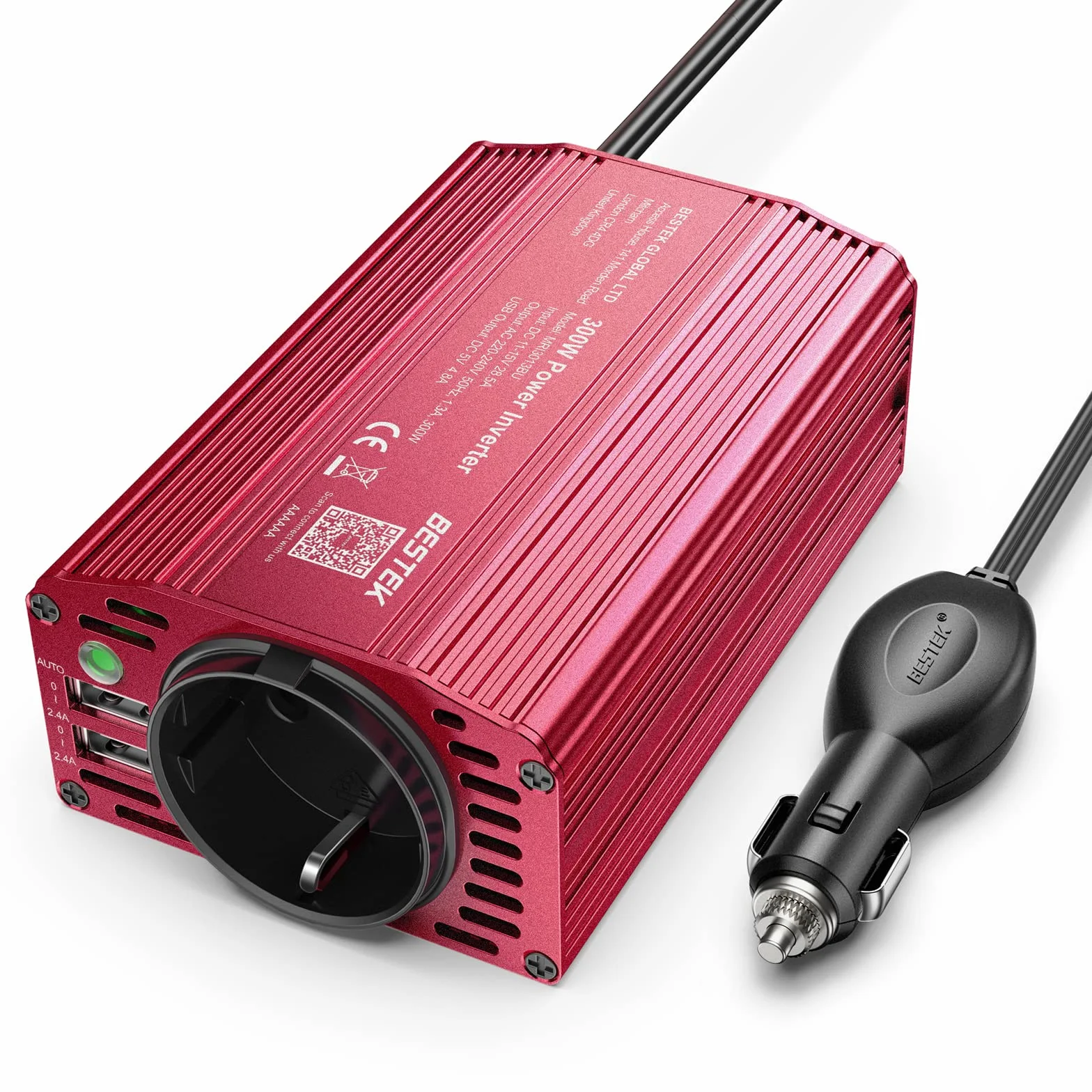 BESTEK Przetwornica napięcia 12 V 230 V 300 W zmodyfikowany falownik sinusoidalny 12 V na 230 V z gniazdem AC i 2 portami USB w zestawie wtyczka zapalniczki samochodowej, czerwona
