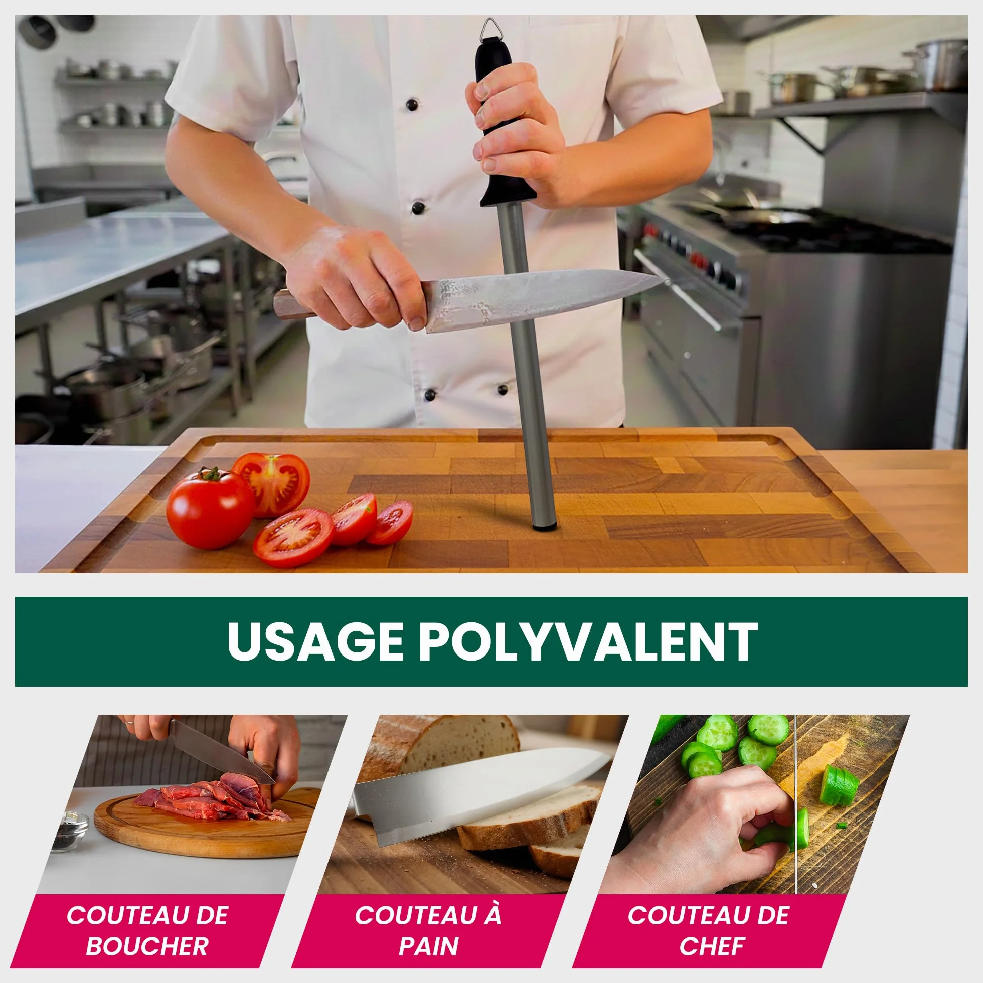 Fusil à aiguiser diamant professionnel 25 cm - aiguiseur couteaux pro - compatible tous couteaux de cuisine