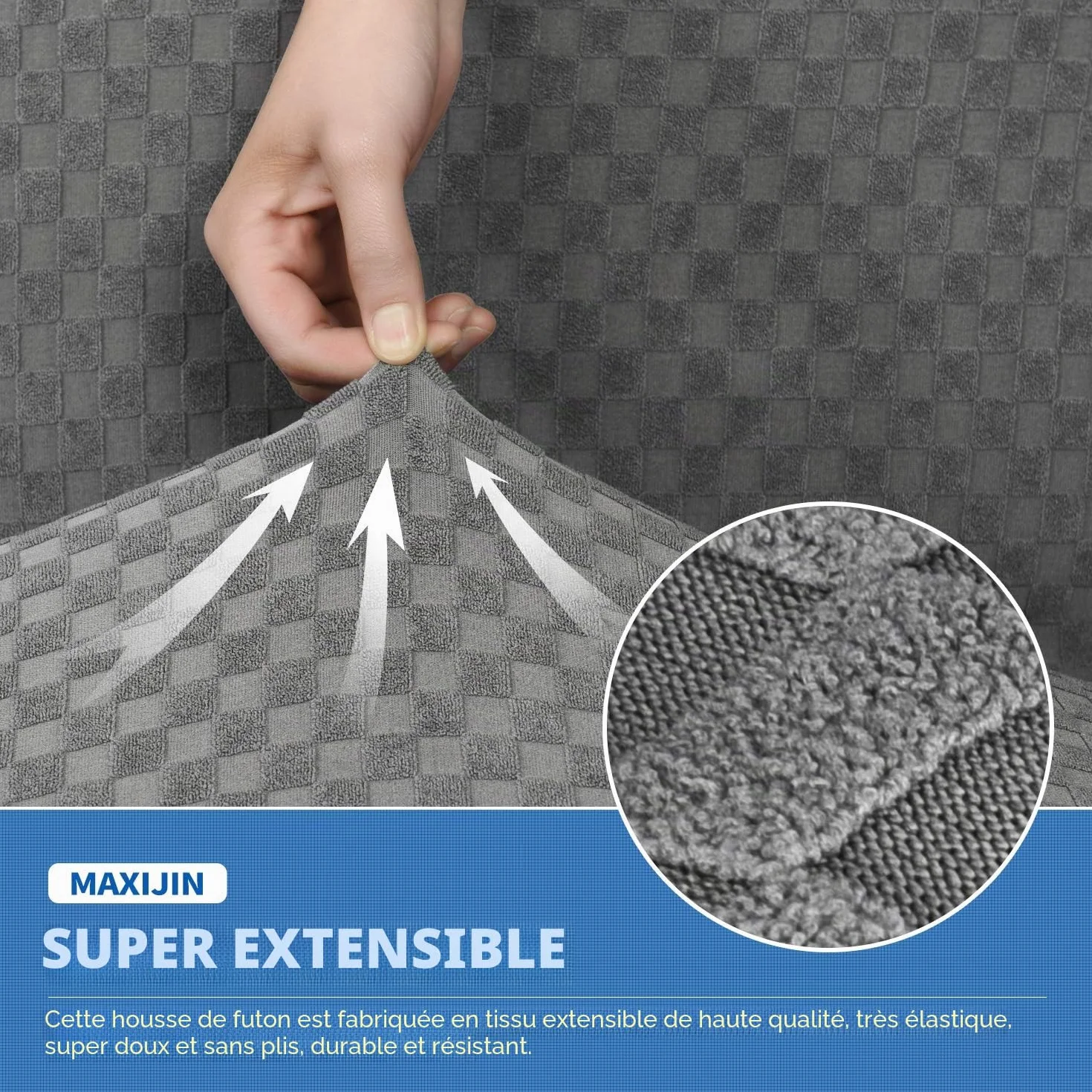 Housse de protection de futon en jacquard extensible sans accoudoirs, lavable en machine, gris clair