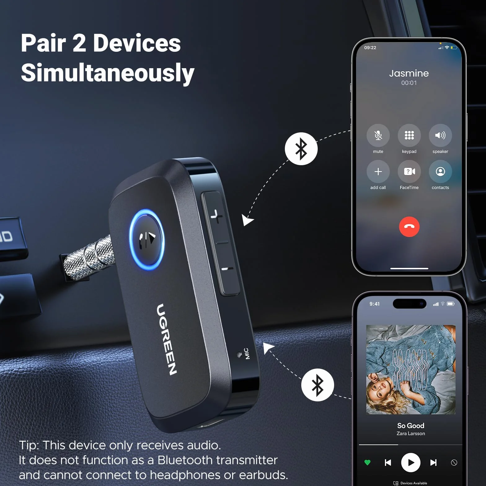 UGREEN Adapter Bluetooth 6.0 Samochodowy Bluetooth z Gniazdem AUX 3.5 mm i Wbudowanym Mikrofonem Połączenia w Trybie Głośnomówiącym z Głośnikiem Samochodowym.（Czarny）