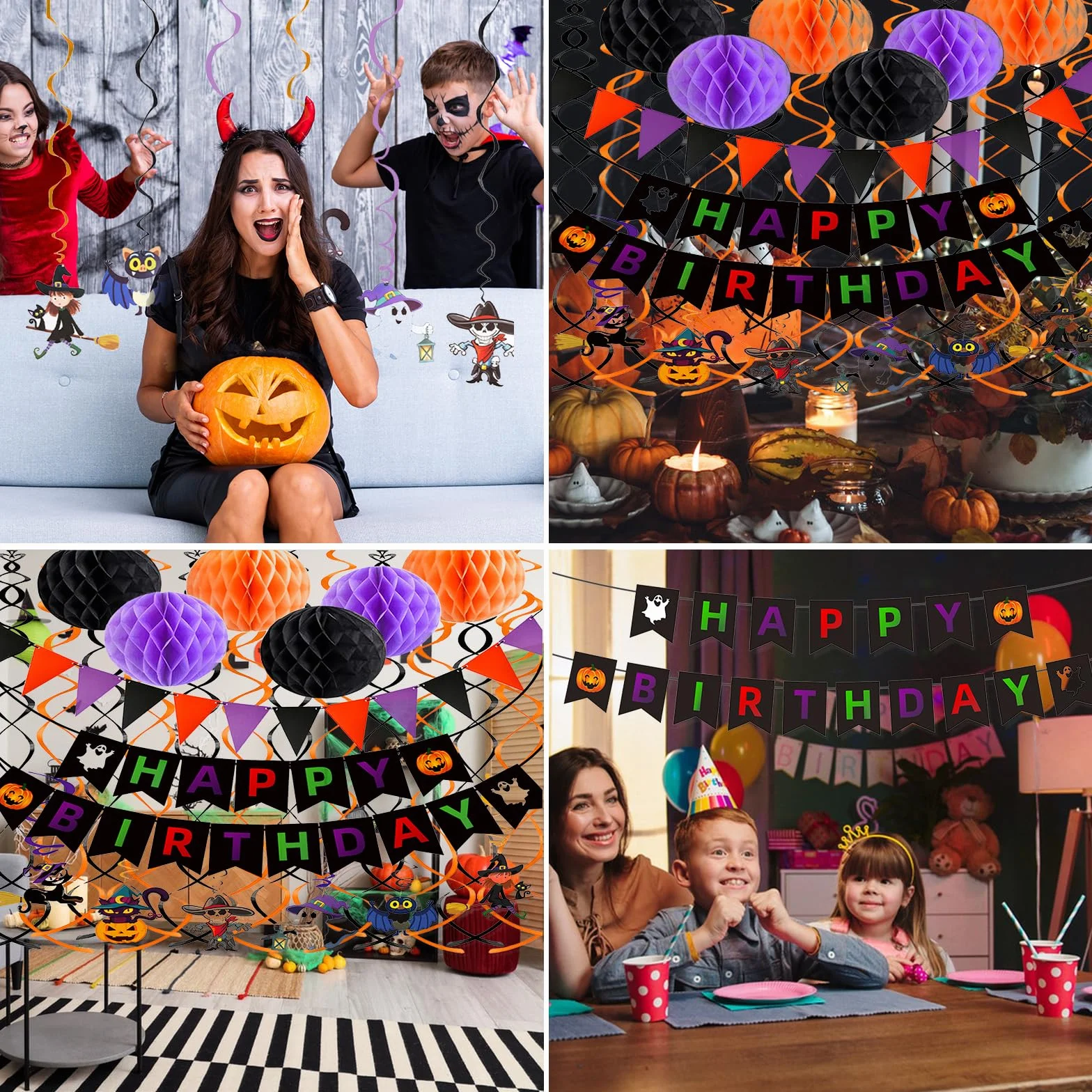 Kit Anniversaire Halloween 47 Pièces Banderole Joyeux Anniversaire Guirlandes Spirale