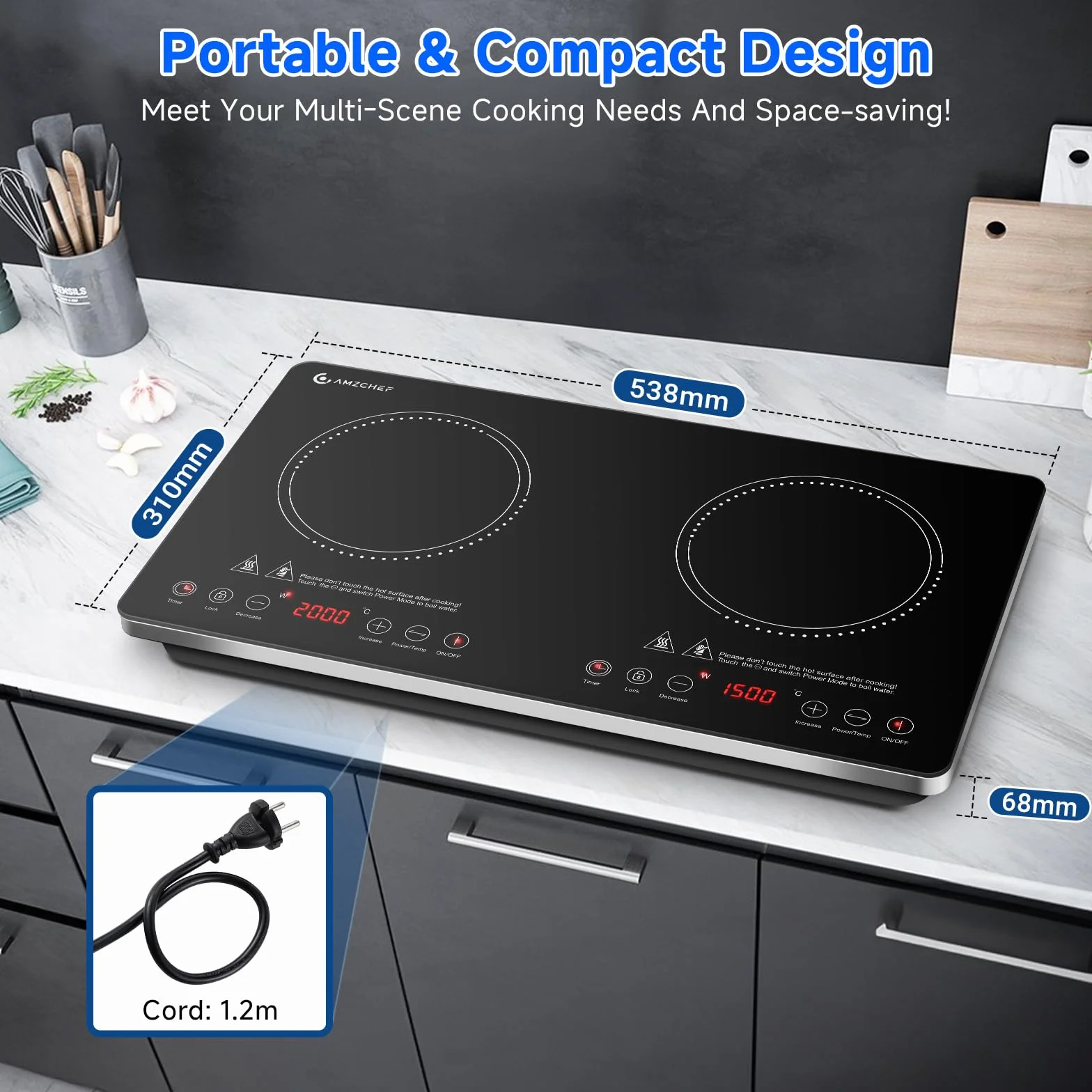 AMZCHEF Plaque Induction 2 Feux, Plaque Induction Portable 2 Feux 3500W avec Commandes Indépendantes, 20 Niveaux de Température, Plusieurs Réglages de Puissance, IGBT Amélioré, Minuterie 4 Heures