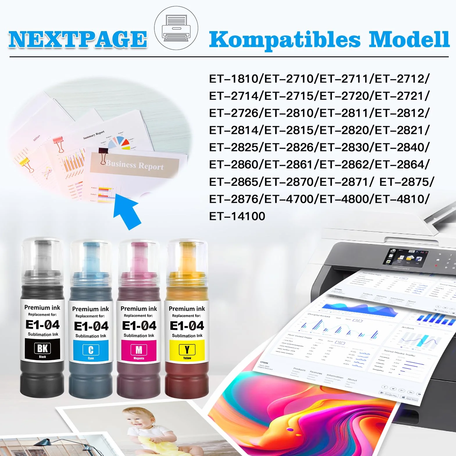 Nextpage Lot de 104 encres de sublimation compatibles Epson EcoTank ET-1810 ET-2710 ET-2711 ET-2712 ET-2714 ET-2715 ET-2720 ET-2721 ET-2726 ET-2810 ET-2811 ET-281 2 cartouches noires