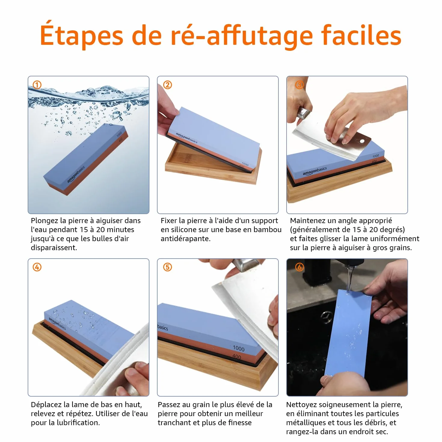 Amazon Basics Pierre à aiguiser pour couteaux double face grain 400/1000 avec base antidérapante en bambou bleu rouge