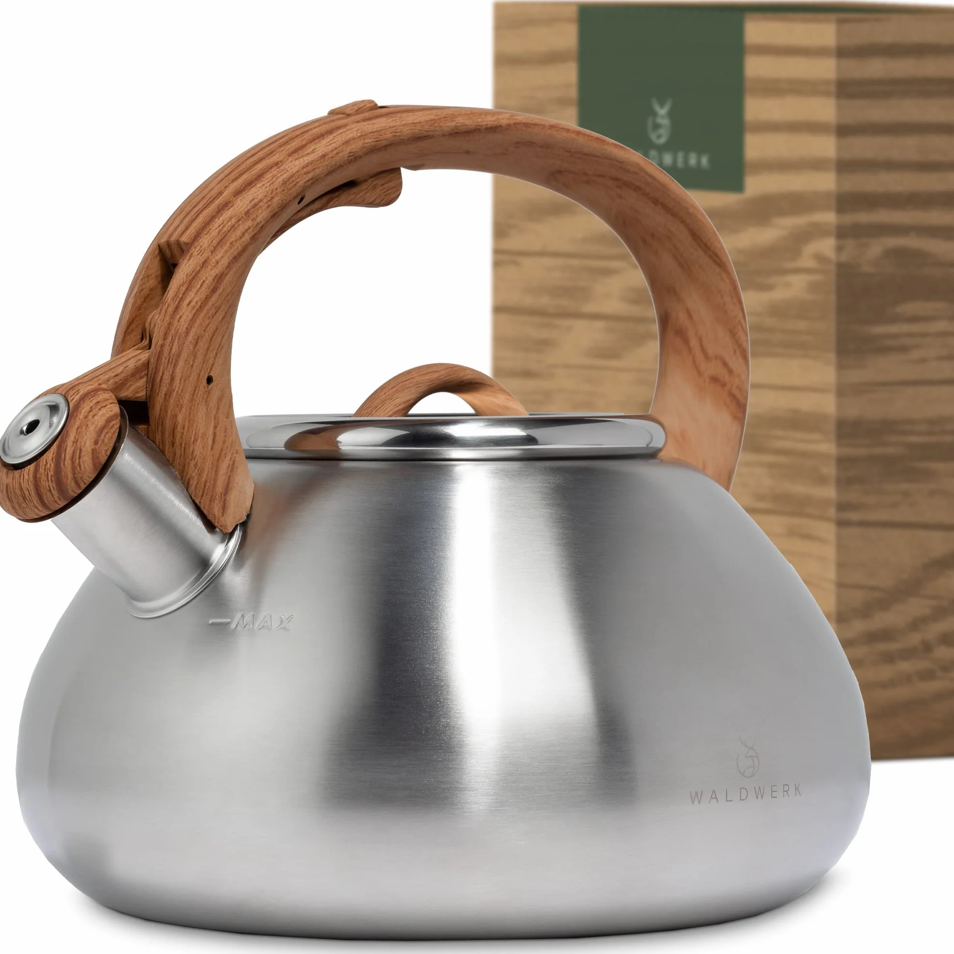 WALDWERK (2,3 L) Bouilloire INOX Vintage pour Induction et Gaz - Poignée Aspect Bois - Sifflante - Retro