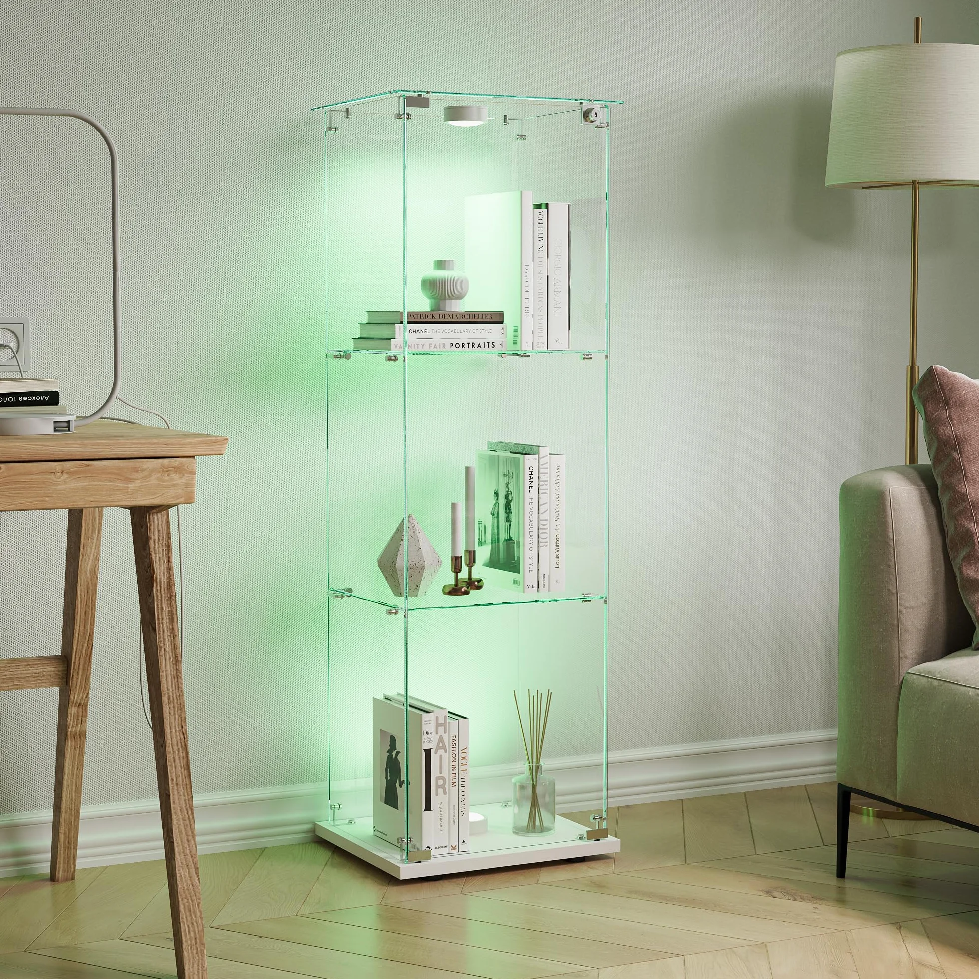 Vitrine en verre avec 1 porte et éclairage LED, 3 étagères, pour salon, bureau, chambre à coucher, 40 x 35 x 123 cm, facile à assembler, blanc
