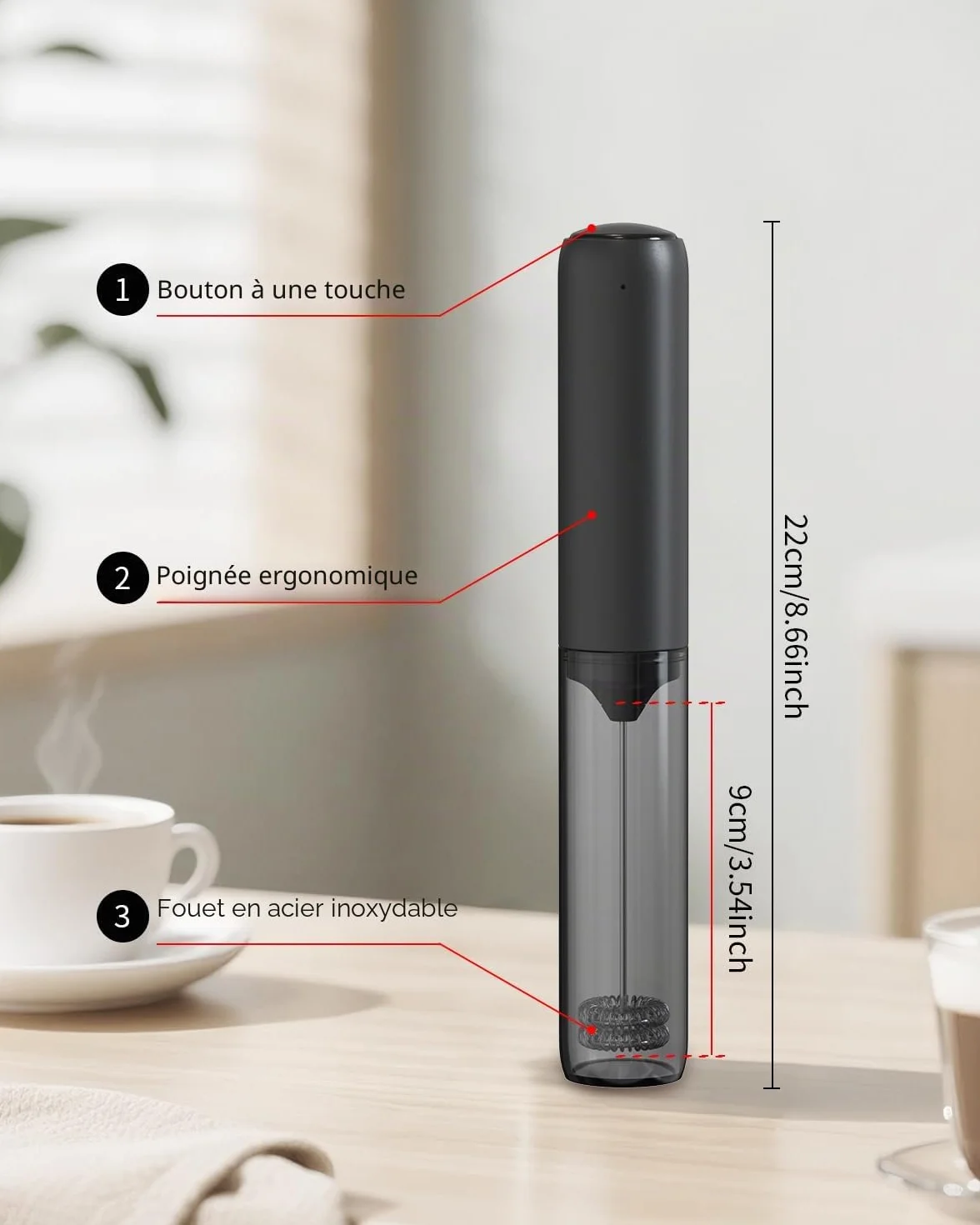 Mousseur à Lait Électrique Rechargeable sans Fil pour Café Latte Cappuccino Noir