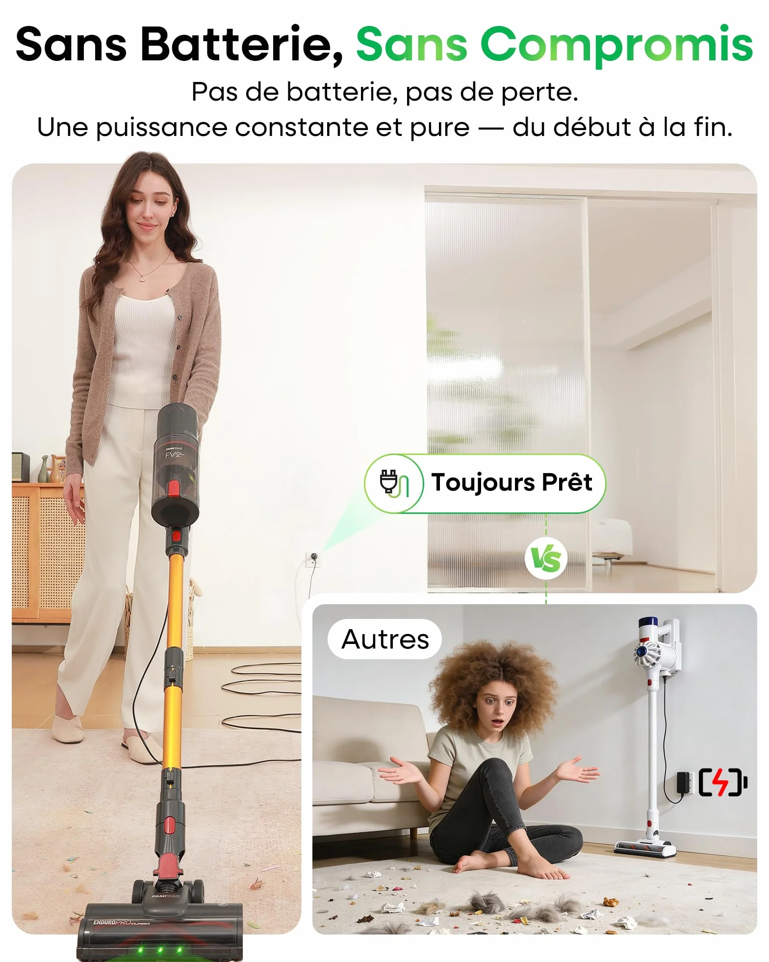 FAMIVAC FV2 Aspirateur Balai avec Fil, 65Kpa/600W Aspirateur sans Sac Puissant, Brosse Matelas, 1,3KG Léger, Câble 7M, 1,5L, Brosse Anti-Enroulement & Autoportante pour Tapis, Sols, Poils d’Animaux
