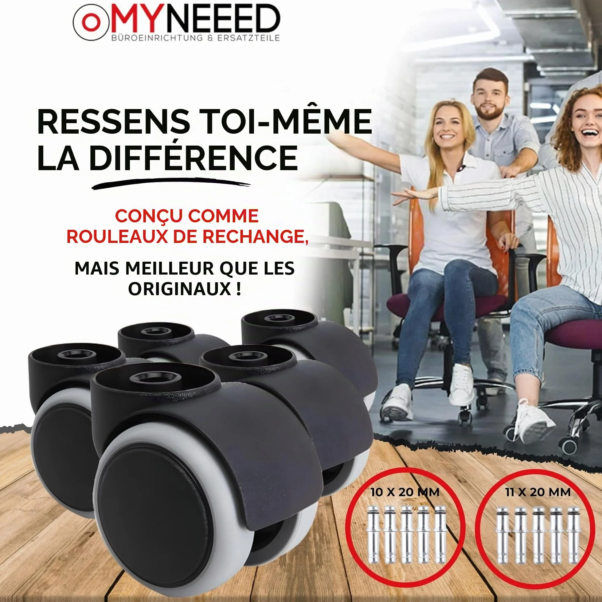Roulettes pour sols durs 10 mm/11 mm pour toutes les marques de chaises de bureau – Roulettes résistantes sans goupille pour sols stratifiés, parquets, carrelages – Sans rayures et silencieuses
