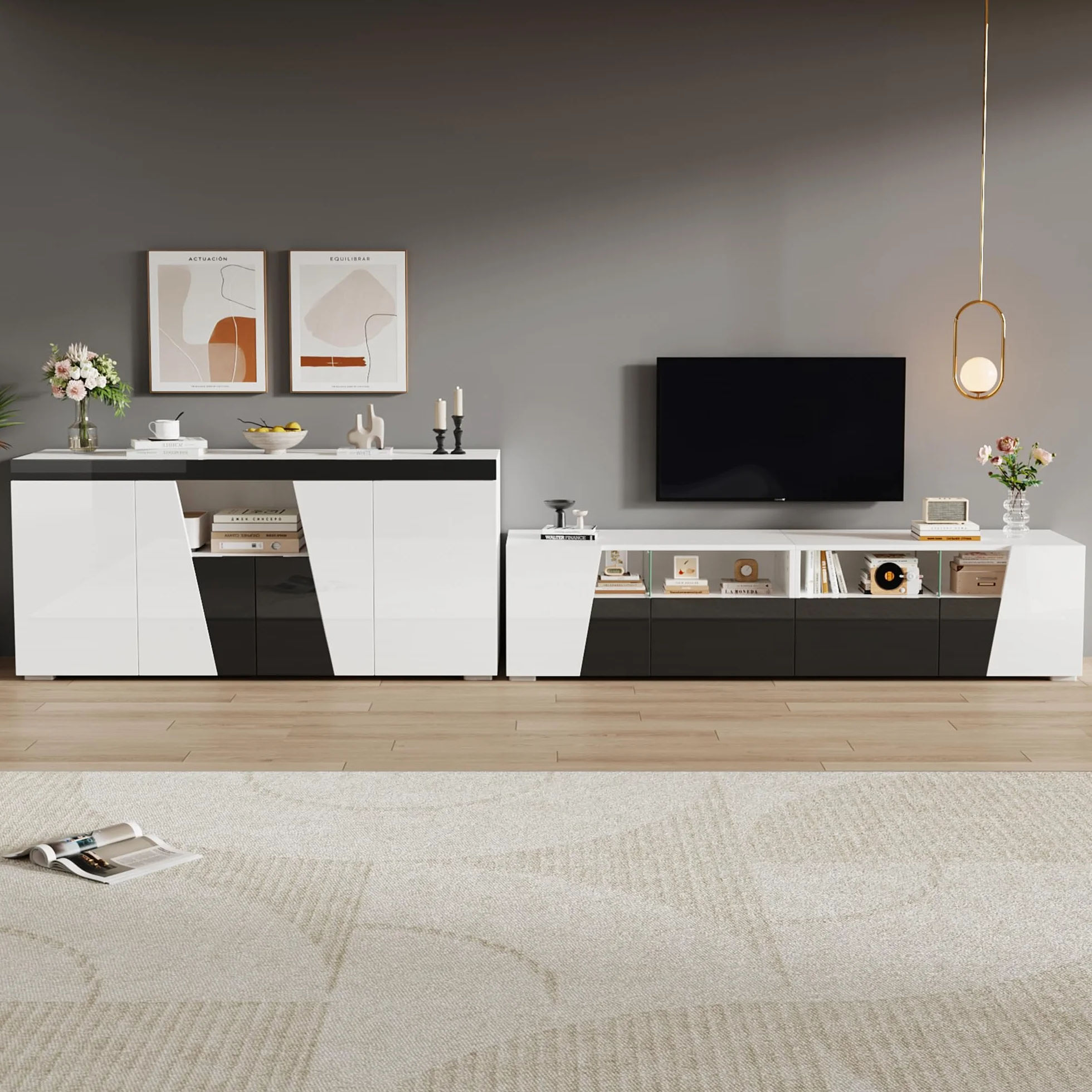 OKMYHOME Ensemble Meuble TV et Buffet avec LED Finition Haute Brillance 180 cm + 140 cm Blanc Noir
