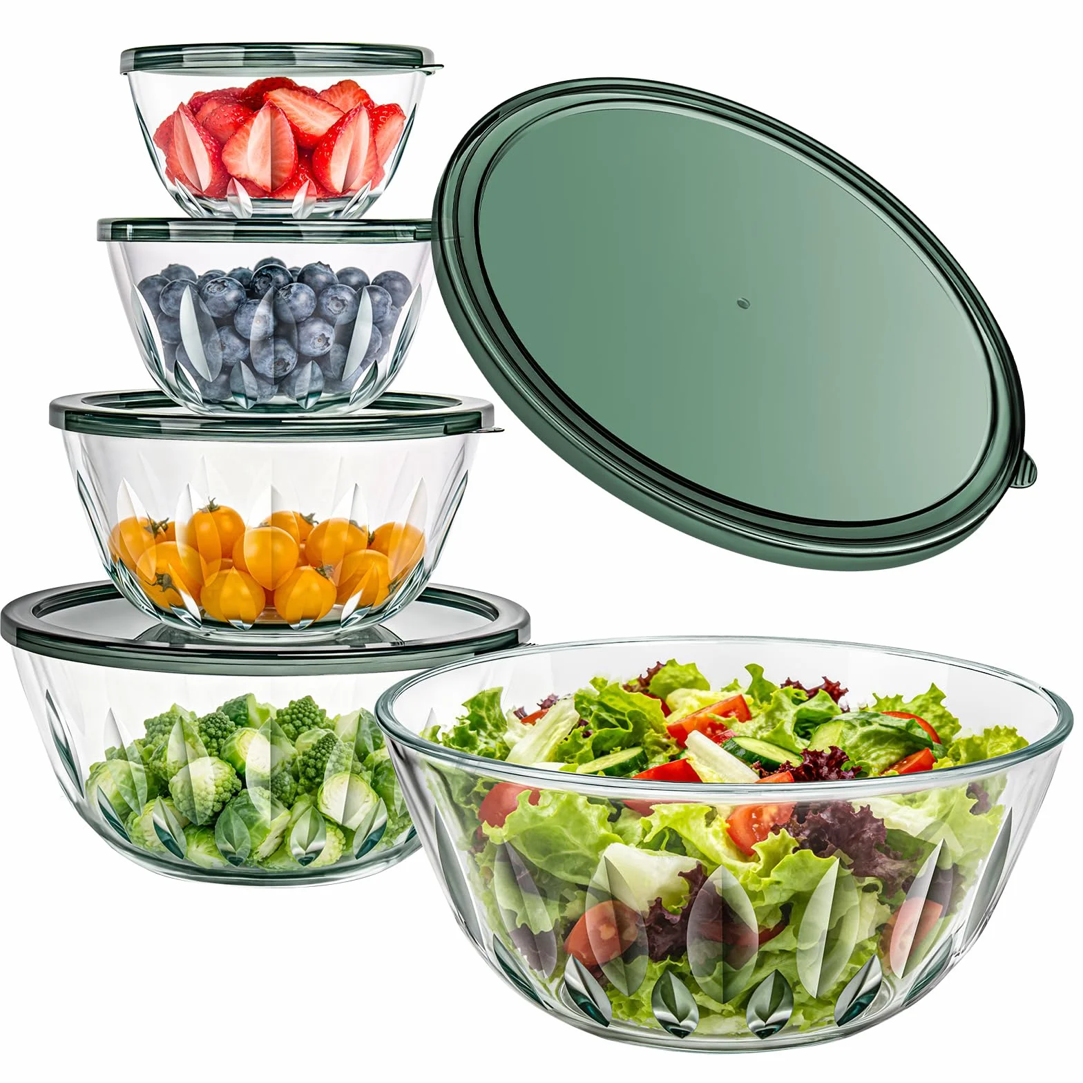 WhiteRhino Saladiers en Verre avec Couvercles,Lot de 5 (0,8L, 1,05L, 1,6L, 2,7L, 4,45L),Grand Bol à Salade Motif Forme en feuille&Couvercles verts Transparents,Bols Empilables pour Préparer,Cuisiner