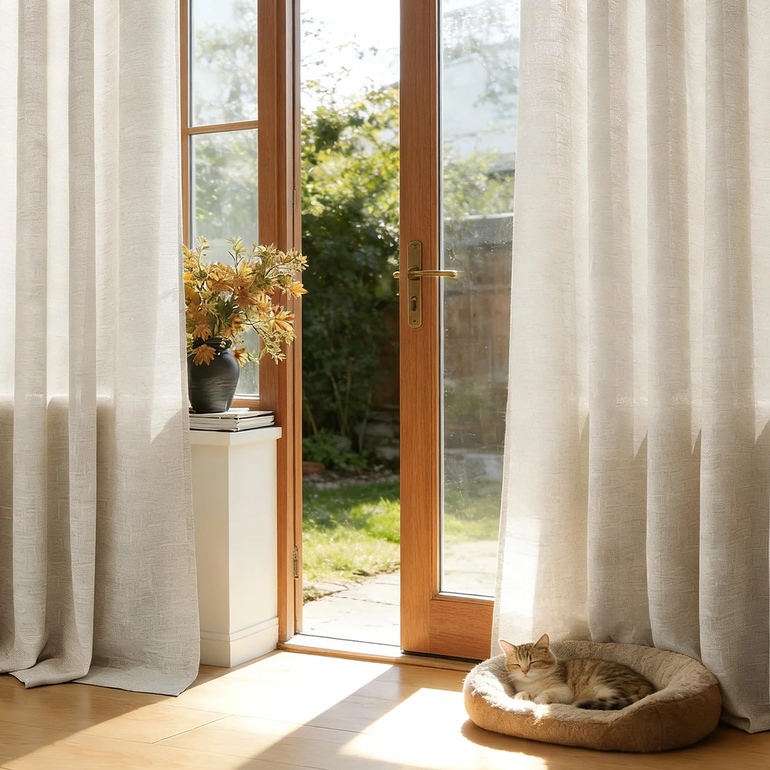 Topfinel Rideau Voilage Lin Beige 140x225cm Voilage Salon Chambre Boho Translucides Draperies Intérieurs 2pcs