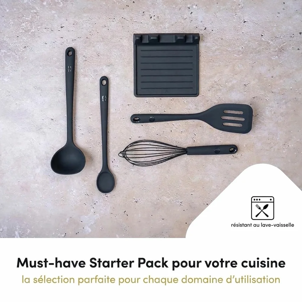 Hoffmann Set Ustensiles de Cuisine 5 Pièces, Anthracite, Silicone Âme Inox, Fouet, Spatule, Cuillère, Louche avec Support, Lave-Vaisselle, Résistant Chaleur, Antiadhésif