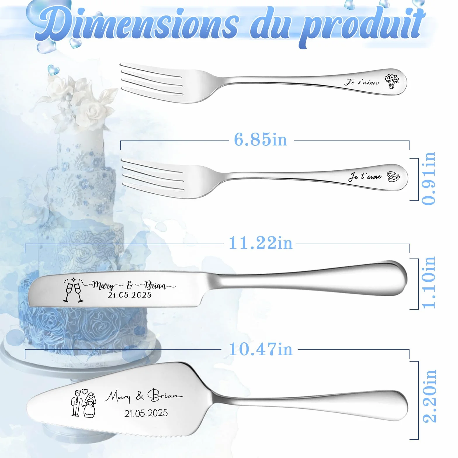 Couteau à Gâteau Mariage Personnalisé Ensemble Acier Inoxydable Gravure Cadeau Fiançailles Argent