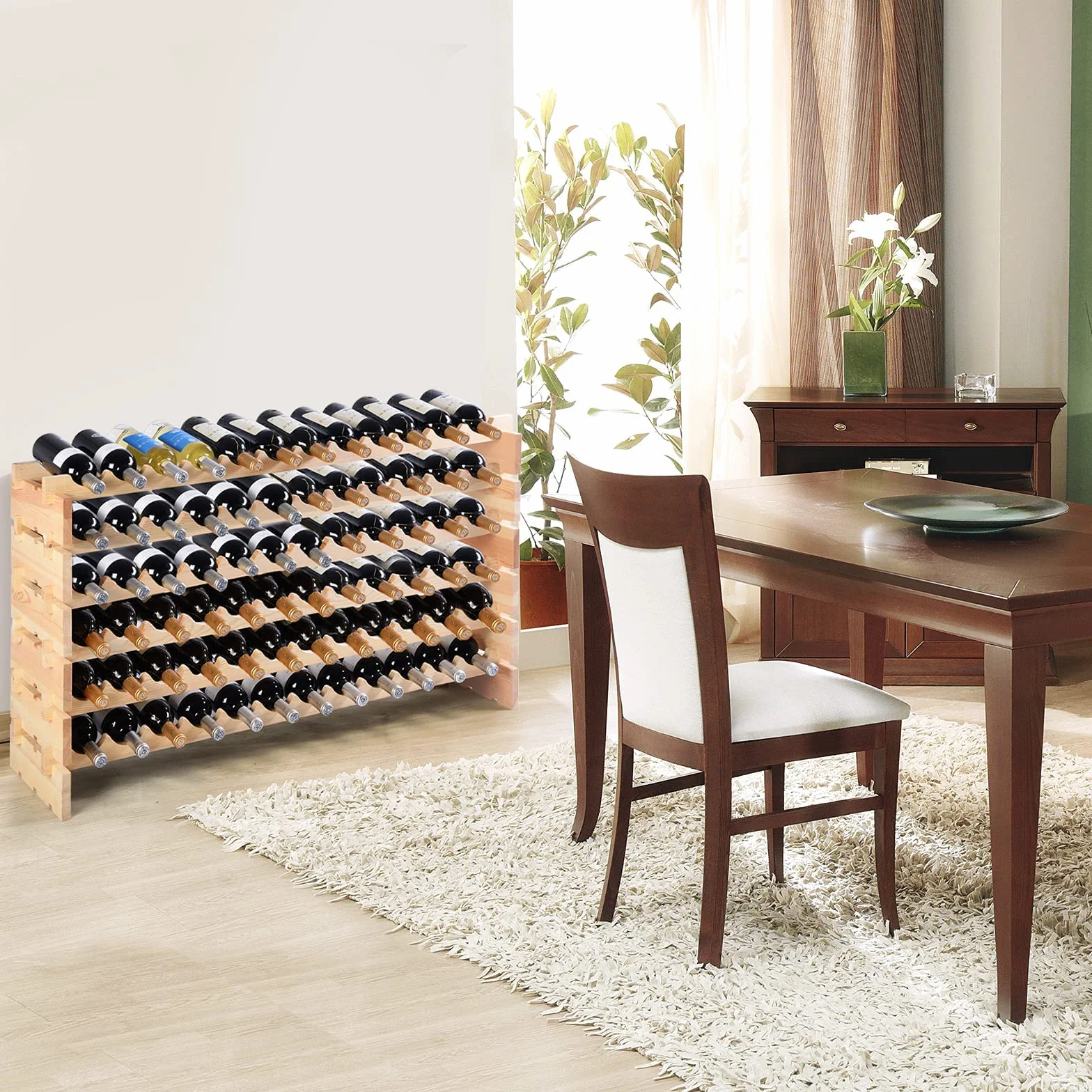 COSTWAY Casier à Bouteilles pour 72 Bouteilles, Étagère à Vin en Bois de Pin, Porte-Bouteilles à 6 Niveaux Modulable et Extensible, Range Bouteille Robustes pour Cave, Cuisine, Bars, Naturel